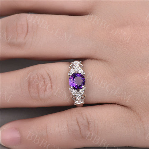 Vintage Art Deco Amethyst Engagement Ring - Round Cut Purple Gemstone Floral Wedding Band in White Gold for Bridal, Anniversary & Special Occasions