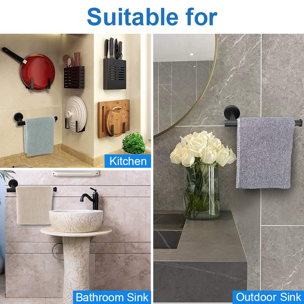 TocTen 9Inch Heavy Duty Stainless Steel Towel Holder - Matte Black SUS304 Bathroom Towel Ring, Wall Mounted Hand Towel Bar for Kitchen, Bathroom & Laundry Room - Durable & Rustproof Design
