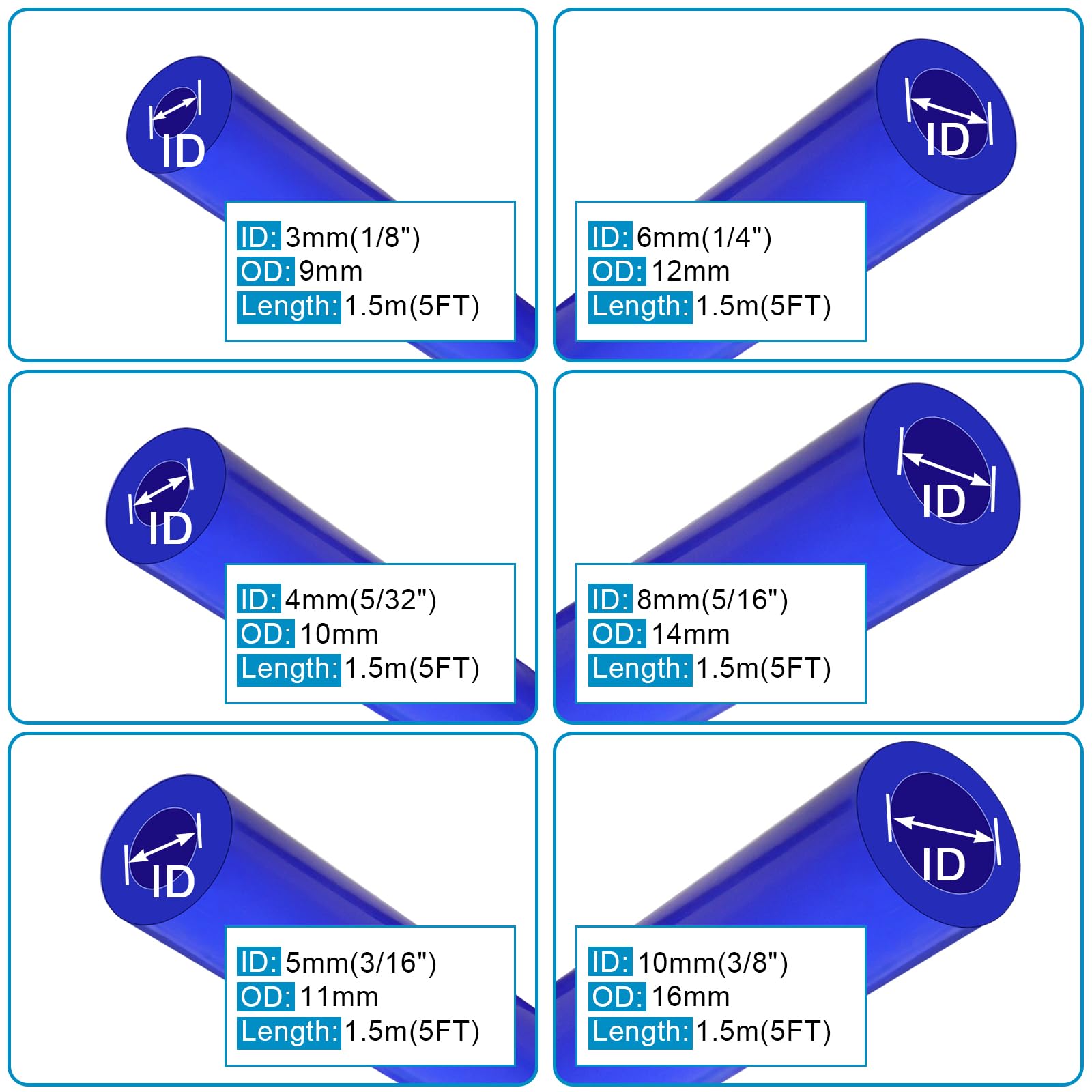 High Performance Automotive Silicone Vacuum Hose Kit - 6PCS (5FT Each) in 1/8
