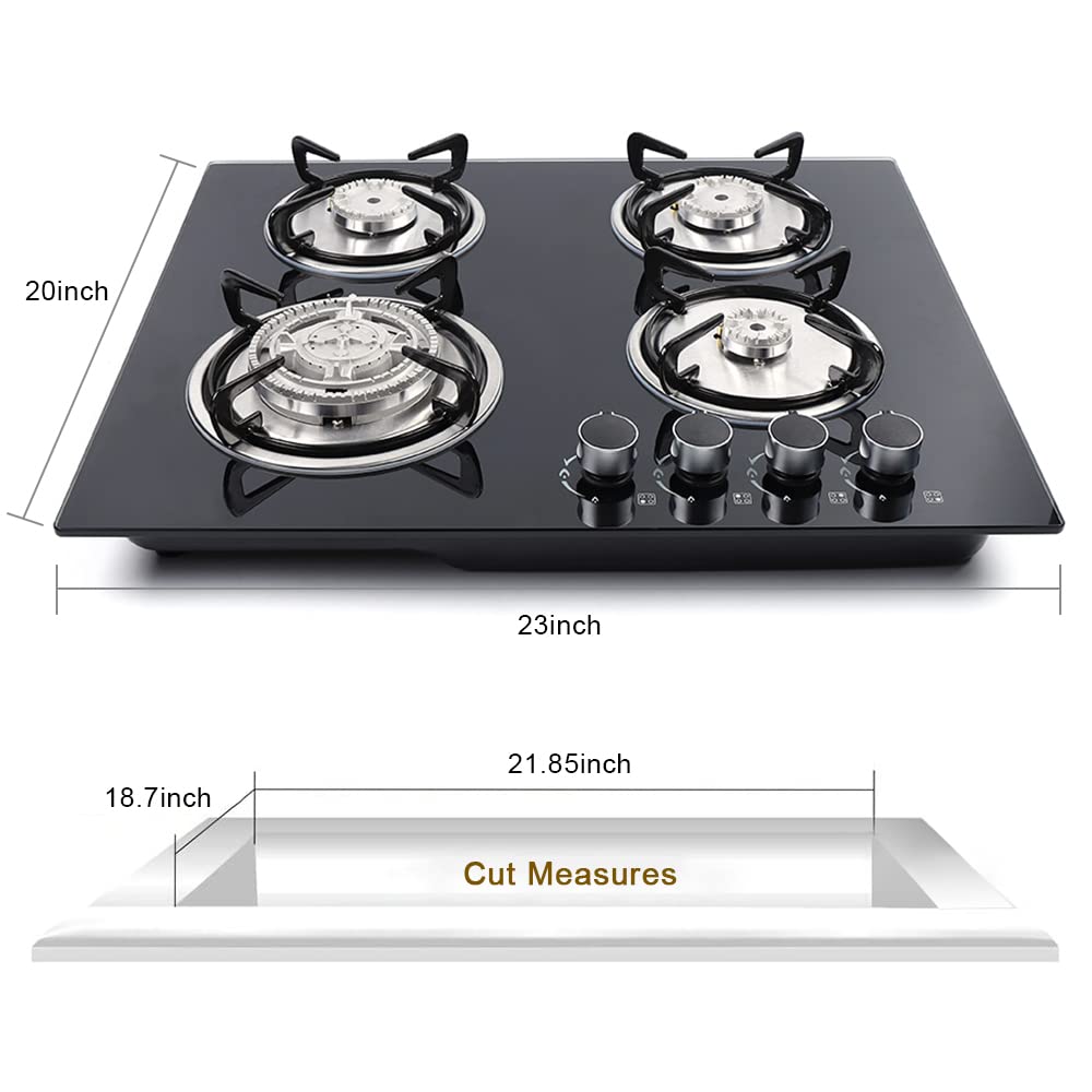 24 Inch 4 Burner Built-in Gas Cooktop - Dual Fuel LPG/NG - Tempered Glass Surface - Easy Clean Kitchen Stove for Home Cooking, Grilling & Meal Prep