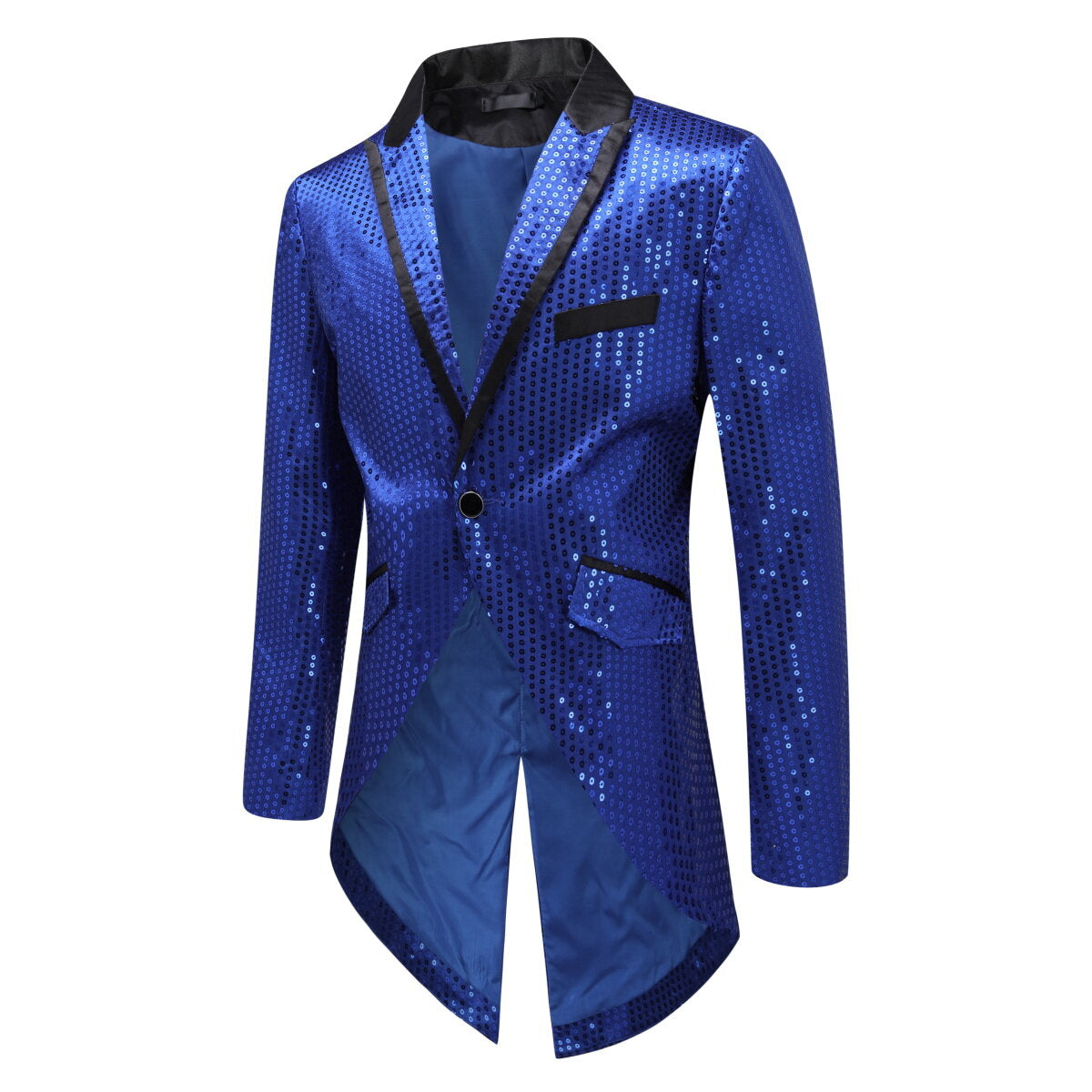 Elegant Blue Sequin Embellished Swallowtail Coat for Women - Perfect for Evening Gala, Prom, and Special Occasions