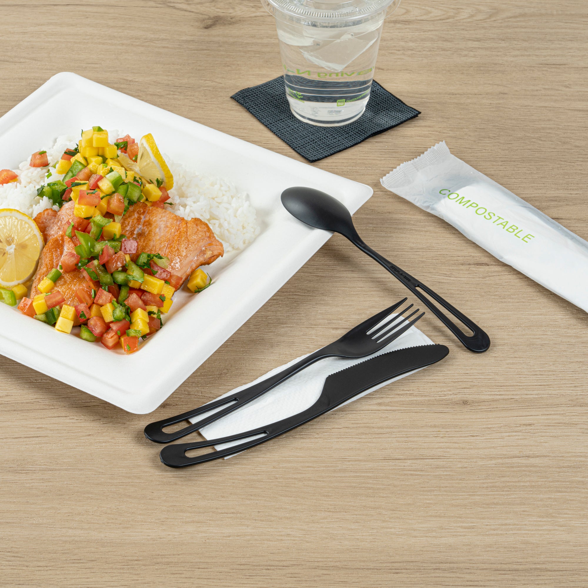 Eco-Friendly Black CPLA Plastic Cutlery Set - 100-Piece Compostable Cutlery with Wrappers & White Napkins | Heat-Resistant 7.5