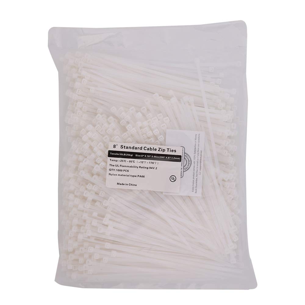Premium 8-Inch White Nylon Cable Ties (1000 Pack) - 50 LB Tensile Strength for Secure Wire Management | Ideal for Home, Office & Industrial Organization