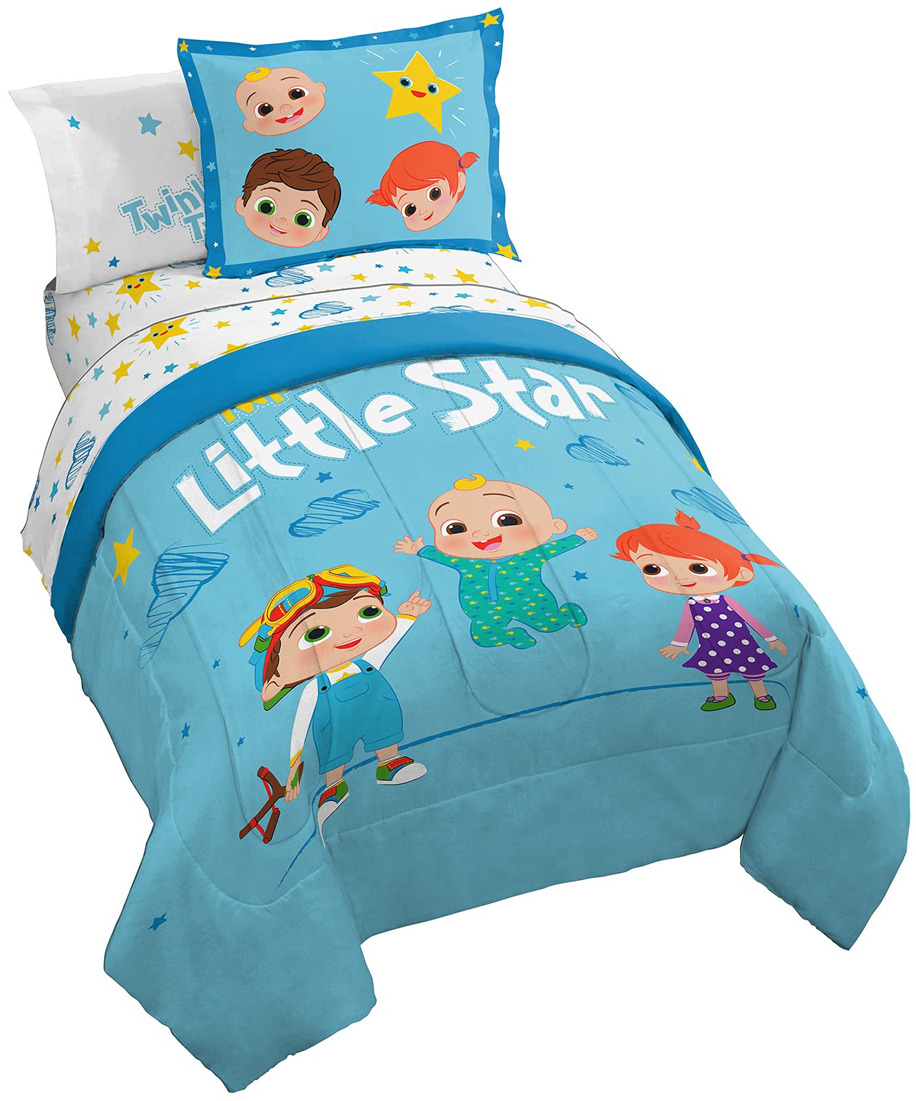 Jay Franco CoComelon Little Star 5-Piece Twin Bedding Set - Super Soft Microfiber Comforter & Sheet Set with JJ, YoYo & TomTom - Official Licensed Kids Bedroom Decor for Boys & Girls - Perfect for Nursery, Toddler Room or Birthday Gift