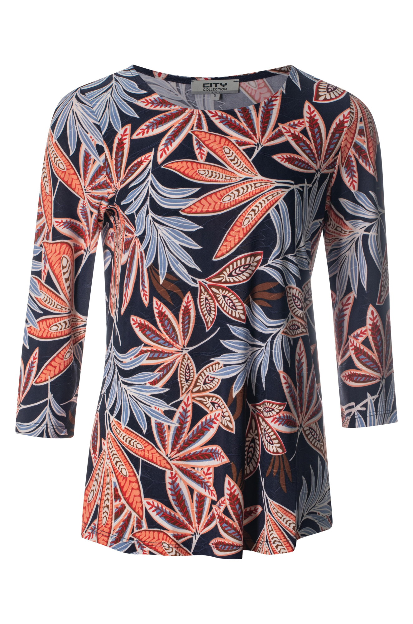 Printed Slinky Tunic Dress - Navy Spice Leaf Pattern | 7404BR | Women's Flowy Casual Top for Beach, Vacation & Everyday Wear