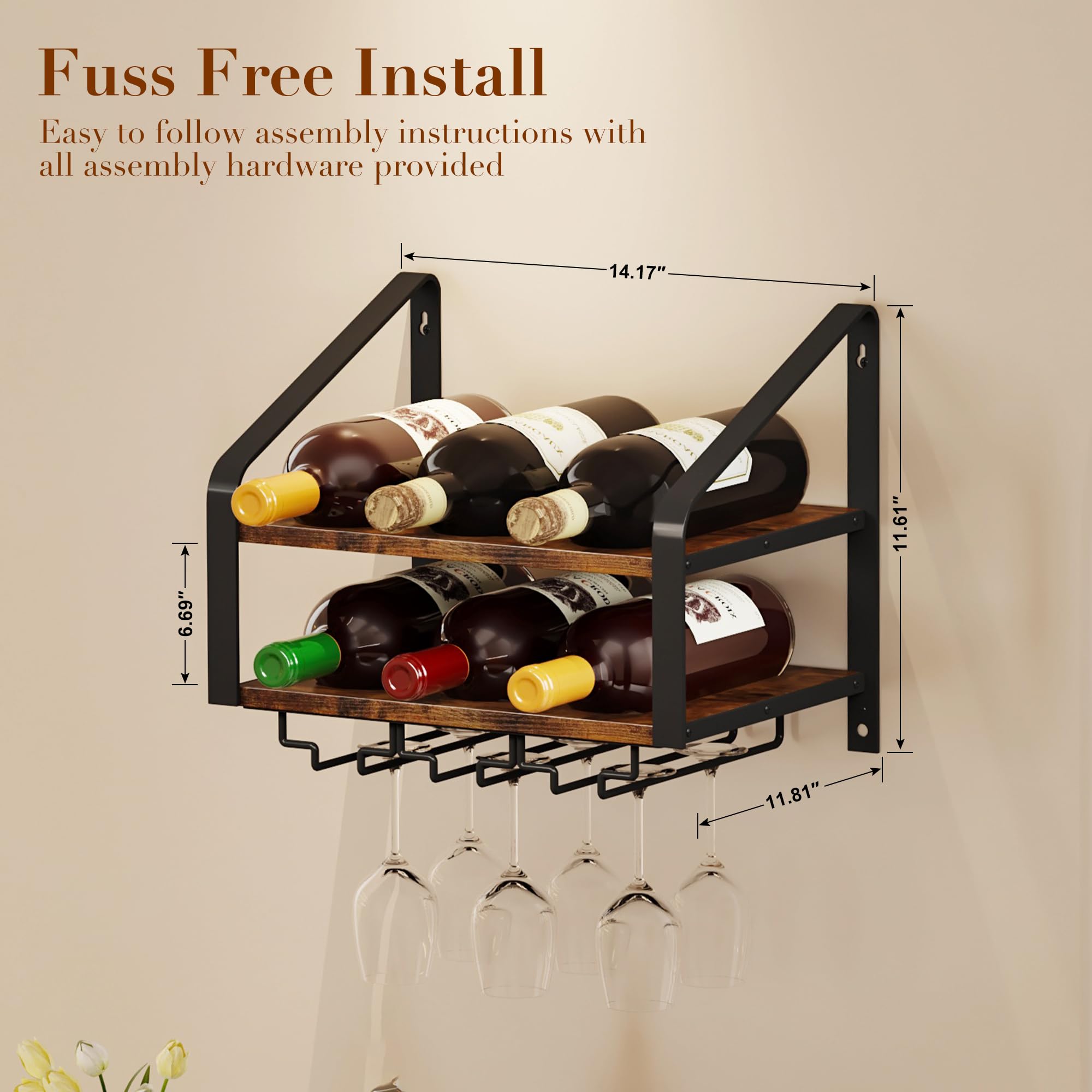 2-Tier Wall Mounted Wine Rack for 6 Bottles & 6 Glasses - Solid Wood & Metal Wine Bottle Holder for Home Bar, Kitchen, Dining Room - Space-Saving Wine Storage Solution (Brown Black) - Perfect for Small Spaces, Apartment Living & Entertaining Guests
