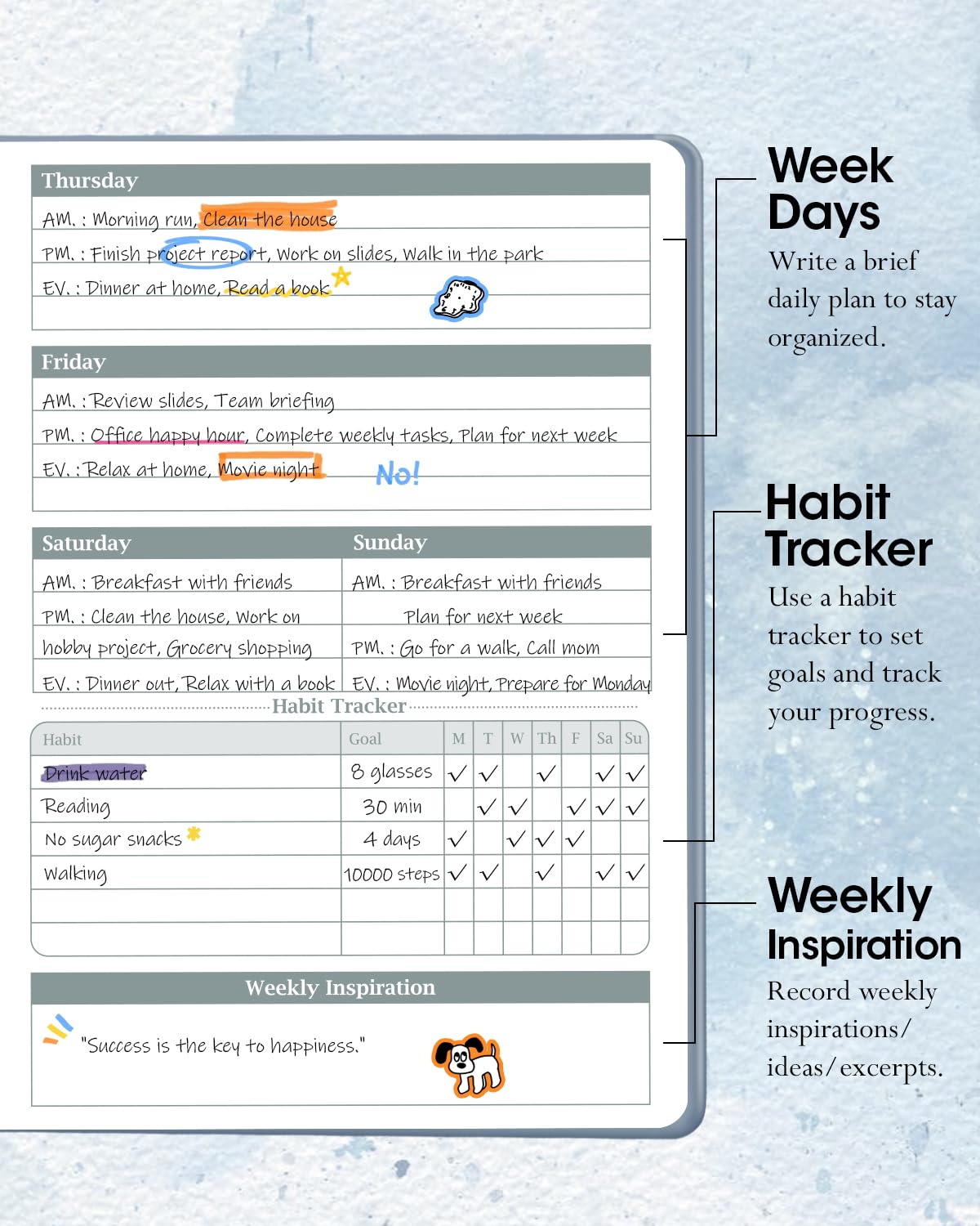 Undated Weekly Planner Notebook - A5 Spiral Bound 52-Week Organizer with Habit Tracker & To-Do Lists, 6.7