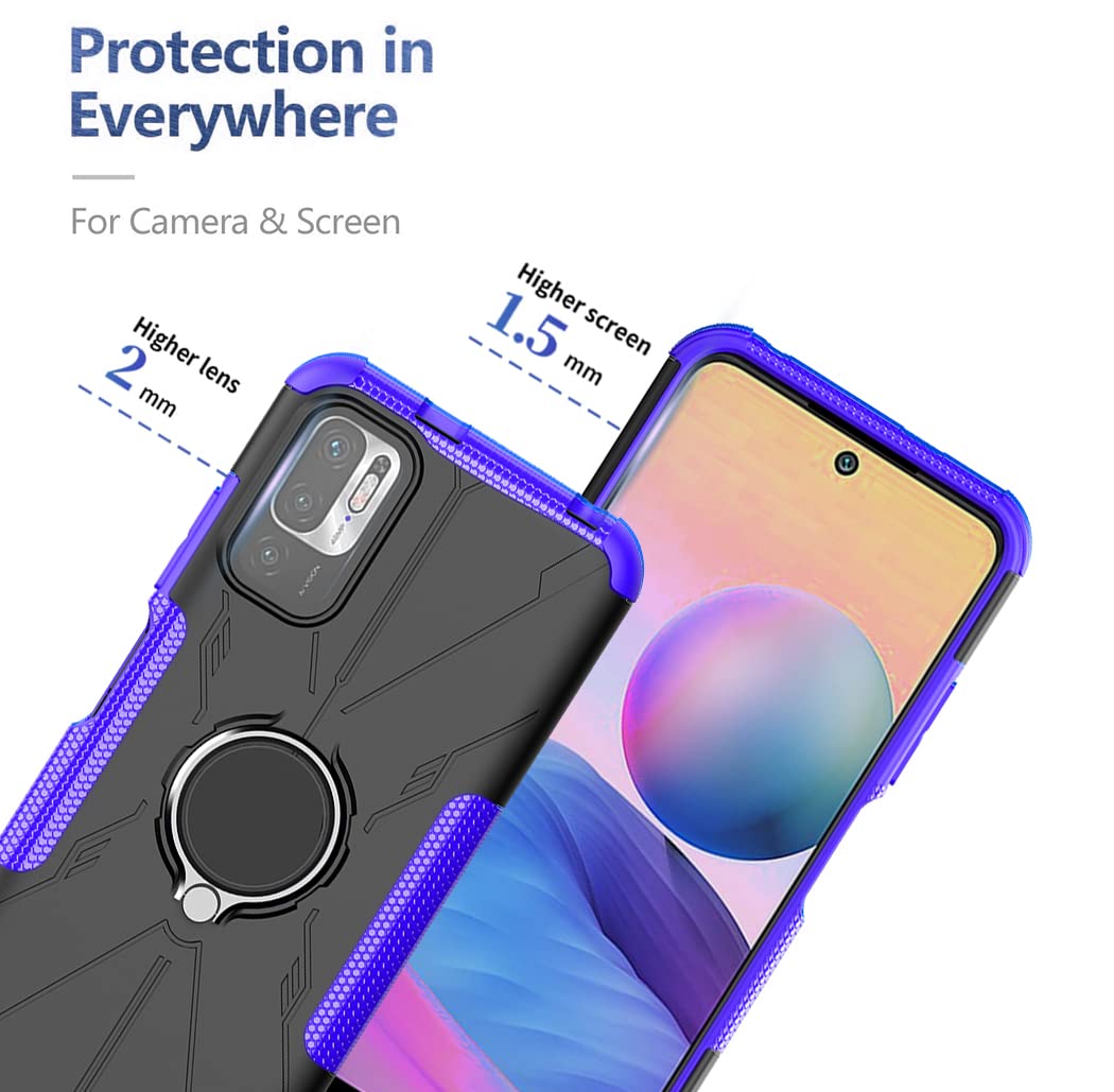 Premium Shockproof Phone Case for Redmi Note 10 5G/Poco M3 Pro/Redmi Note 10T 5G - Includes Tempered Glass Screen Protector & Metal Ring Holder Kickstand - Durable Protection Cover for Xiaomi Redmi Note 10 5G (Purple) - Perfect for Work, Travel and Everyday Use