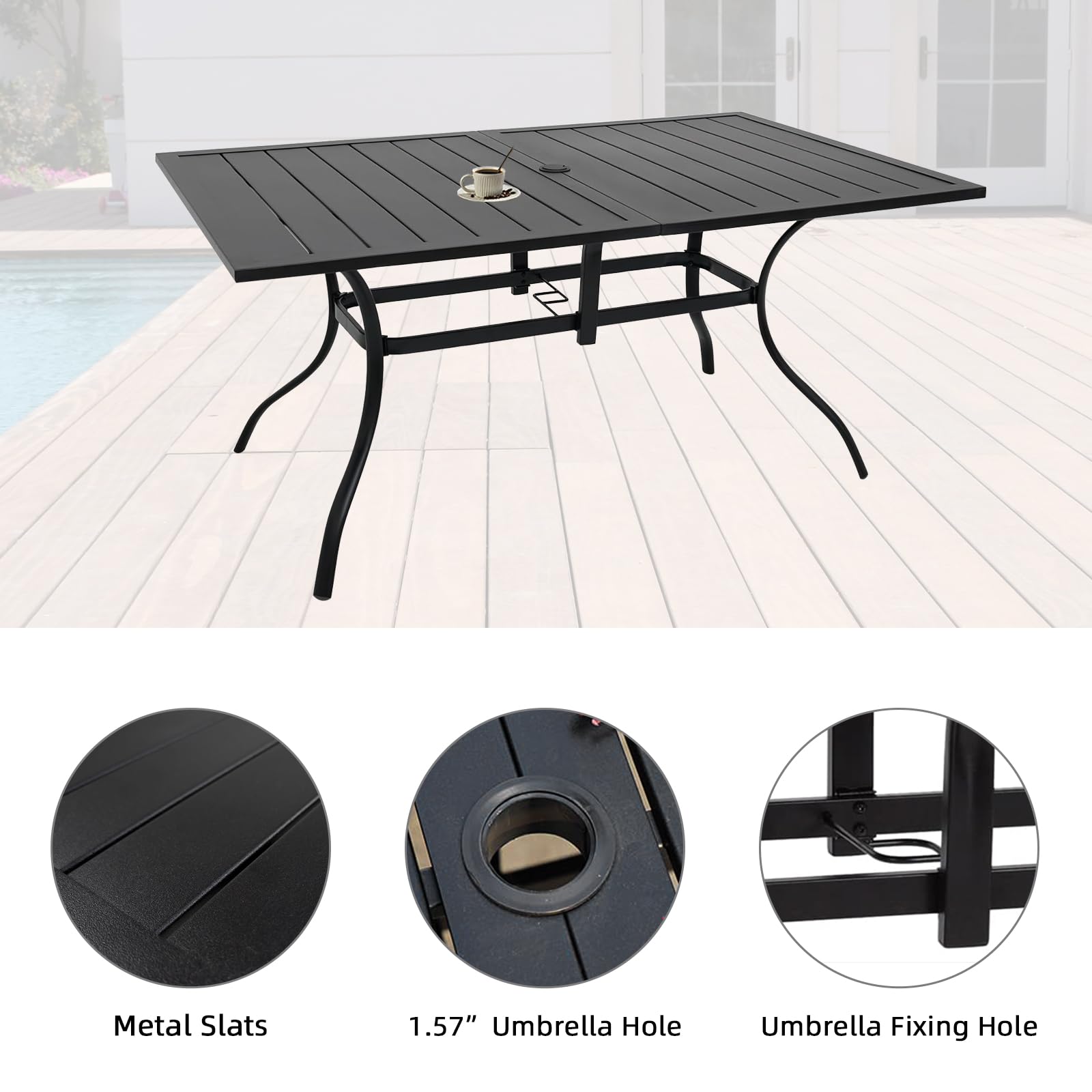 MEOOEM 6-Person Rectangle Outdoor Patio Dining Table - All-Weather Metal Tabletop with 1.57