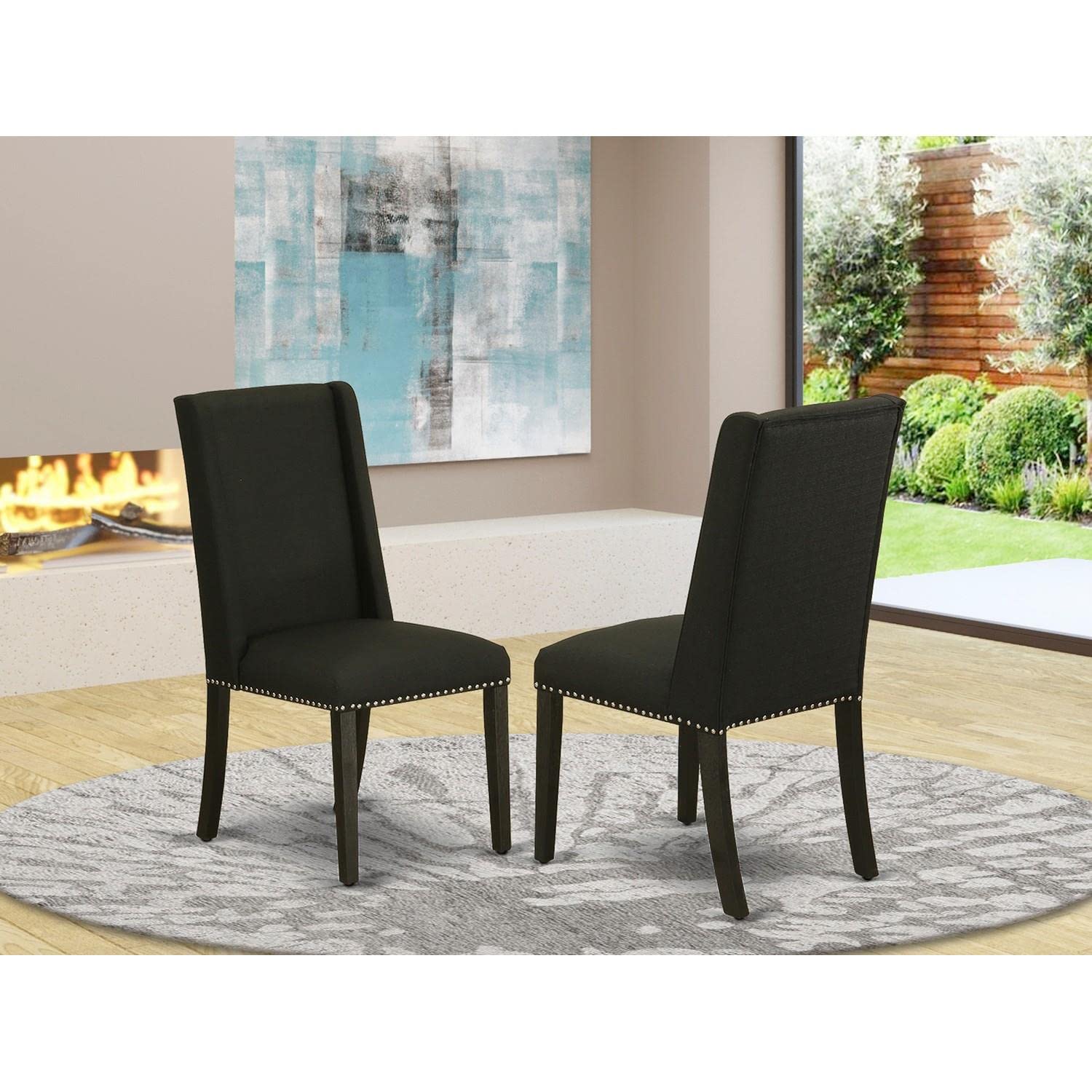 East West Furniture FLP6T24 Florence Parson Dining Chairs - Set of 2, Black Linen Fabric Upholstered with Nailhead Trim & Wirebrushed Black Finish - Elegant Dining Room Chairs for Formal Dining, Kitchen Breakfast Nook, or Home Office Seating