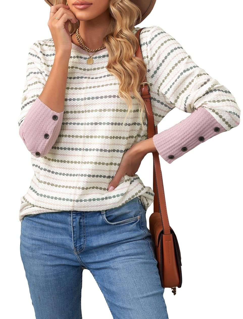 Women's Casual Waffle Knit Color Block Tunic Top - Round Neck Long Sleeve Button Cuff Striped Blouse | Perfect for Work, Weekend Outfits & Layering