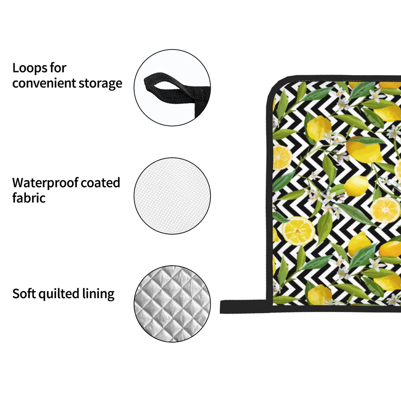 Heat Resistant Oven Mitts and Pot Holders Set - Lemon Black White Chevron Pattern Kitchen Gloves with Cotton Liner for Baking, Cooking, Grilling & BBQ - Perfect for Microwave, Stovetop and Outdoor Cooking
