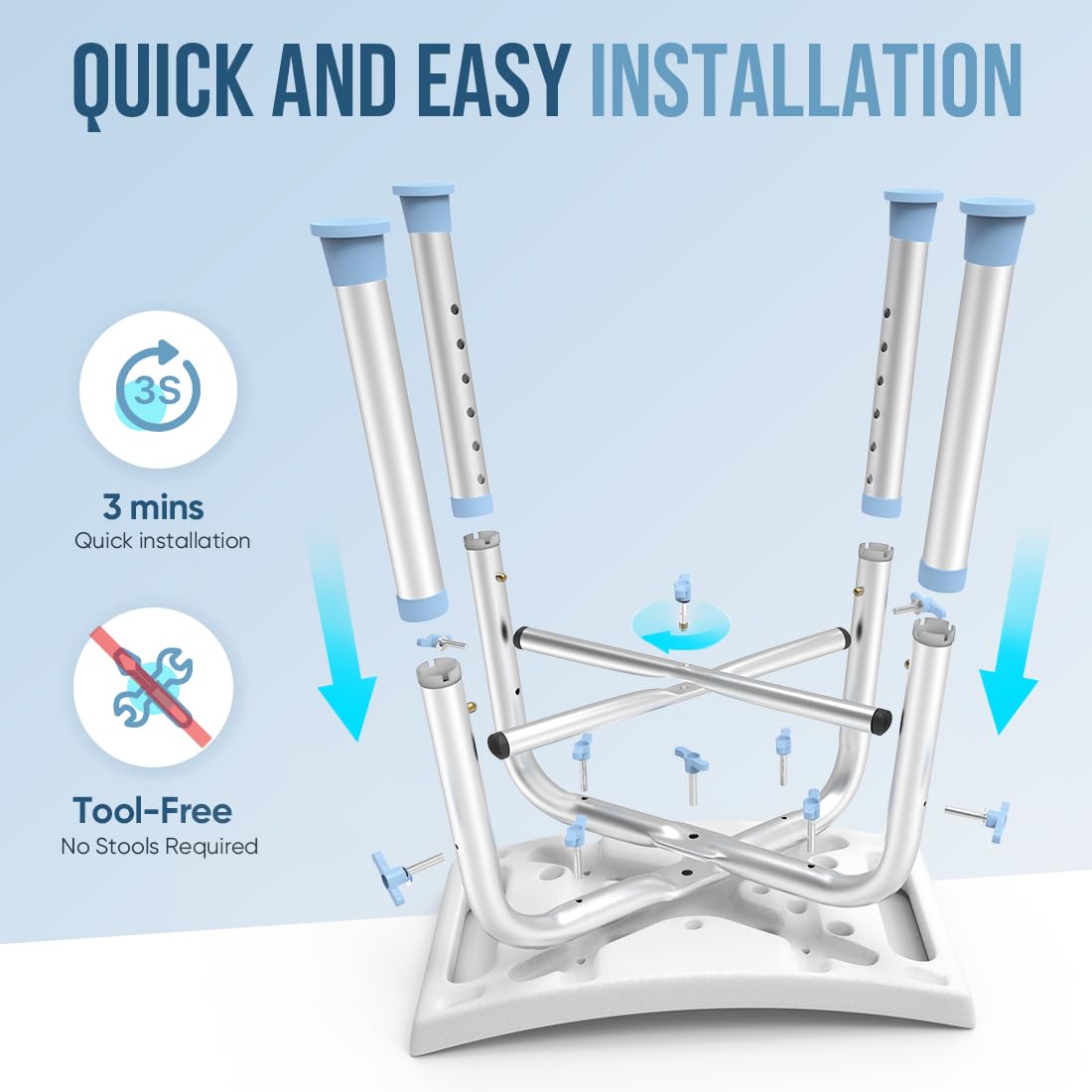 OasisSpace Heavy Duty Shower Chair 500lb Capacity - Adjustable Height Bath Seat with Padded Cushion & Anti-Slip Feet - Tool-Free Assembly Shower Bench for Elderly & Disabled - Ideal for Bathroom Safety & Mobility Assistance
