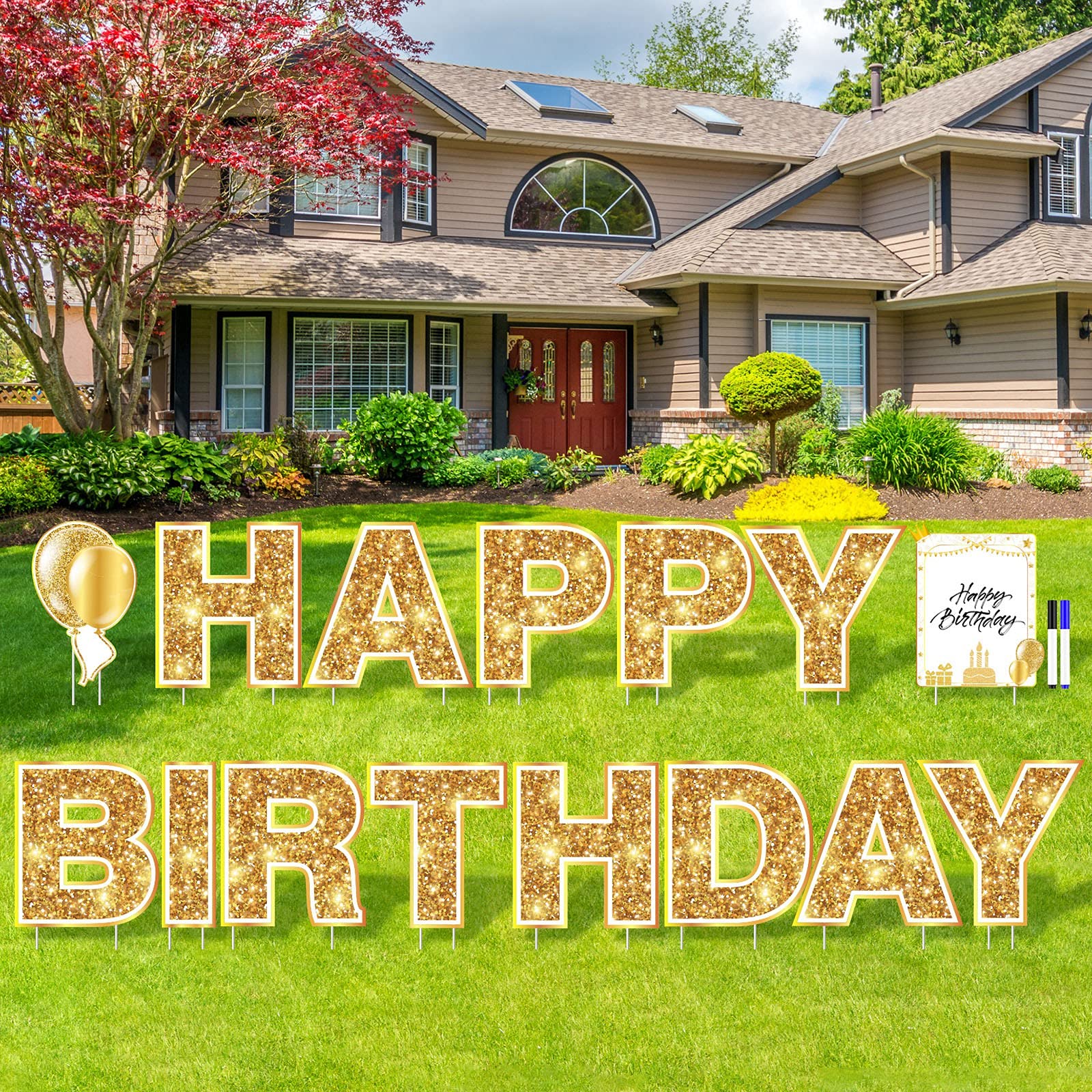 Elcoho 15 Pack Gold Happy Birthday Yard Signs with Stakes - Lawn Decorations Set with Balloon Designs for Outdoor Birthday Party Decor - Perfect for Backyard Celebrations, Garden Parties & Front Yard Displays