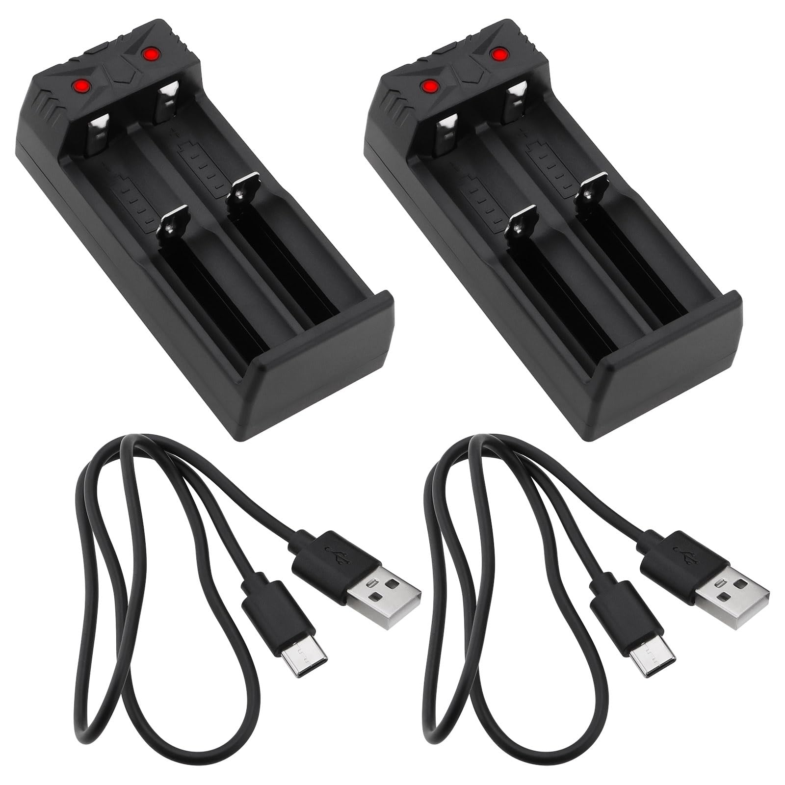ECSiNG 2-Pack Universal Li-Ion Battery Charger for 18650/18500/18490/16340/14500/22650/26500/26650 - 3.6V/3.7V Dual Slot Fast Charger (92.8x41.1x30.3mm, Black) - Perfect for Flashlights, Vape Mods, Power Tools & Electronic Devices