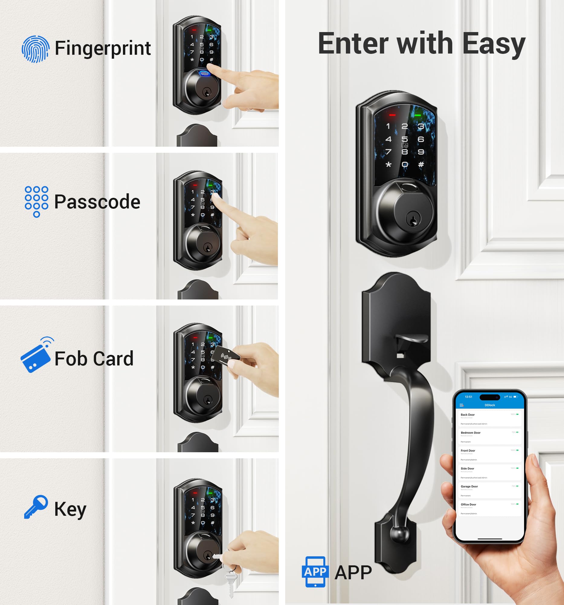 Veise Smart Fingerprint Door Lock with Keypad - Keyless Entry Deadbolt, App Control & Auto Lock, Matte Black - Easy Install for Home Security (Front Door, Apartment, Office)