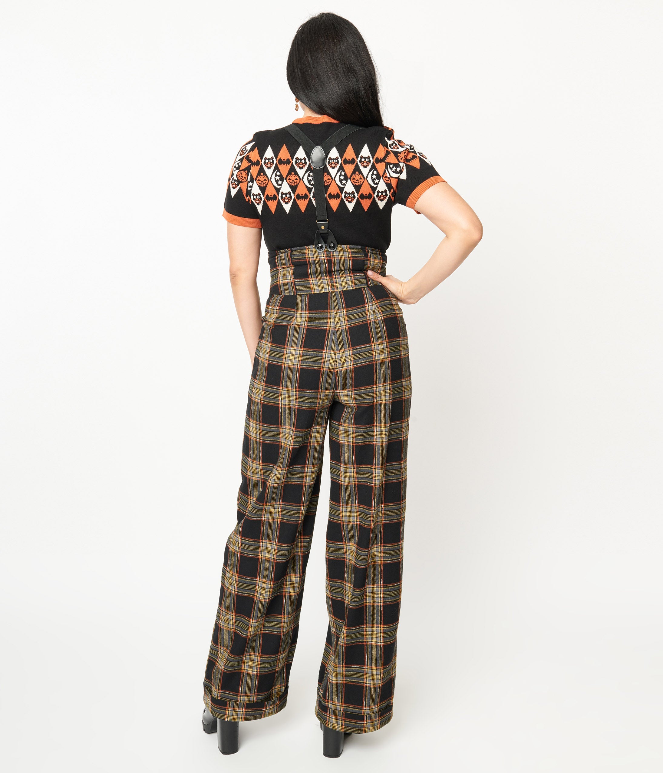 Vintage 1930s Thelma High Waist Suspender Pants - Black & Orange Plaid Retro Trousers for Women | Perfect for Cosplay, Steampunk Fashion & Vintage Themed Parties