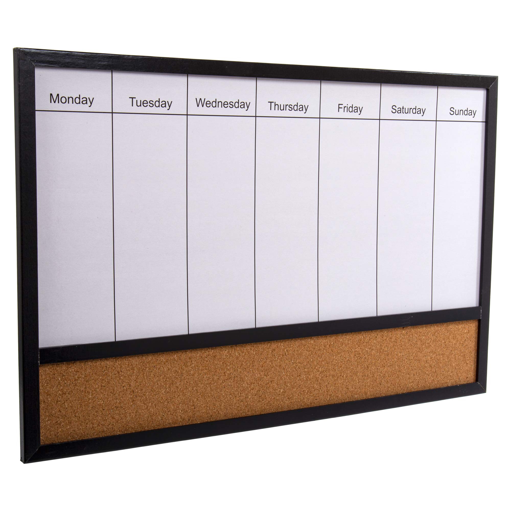 DESK TECH 16x24 Inch Multifunctional Weekly Planner - Dry Erase Whiteboard & Cork Bulletin Board Combo with Black Pinewood Frame - Perfect for School, Office, Home Organization & Wall Decor (Hangable) - Ideal for Scheduling, Memo Display & Vision Board Creation