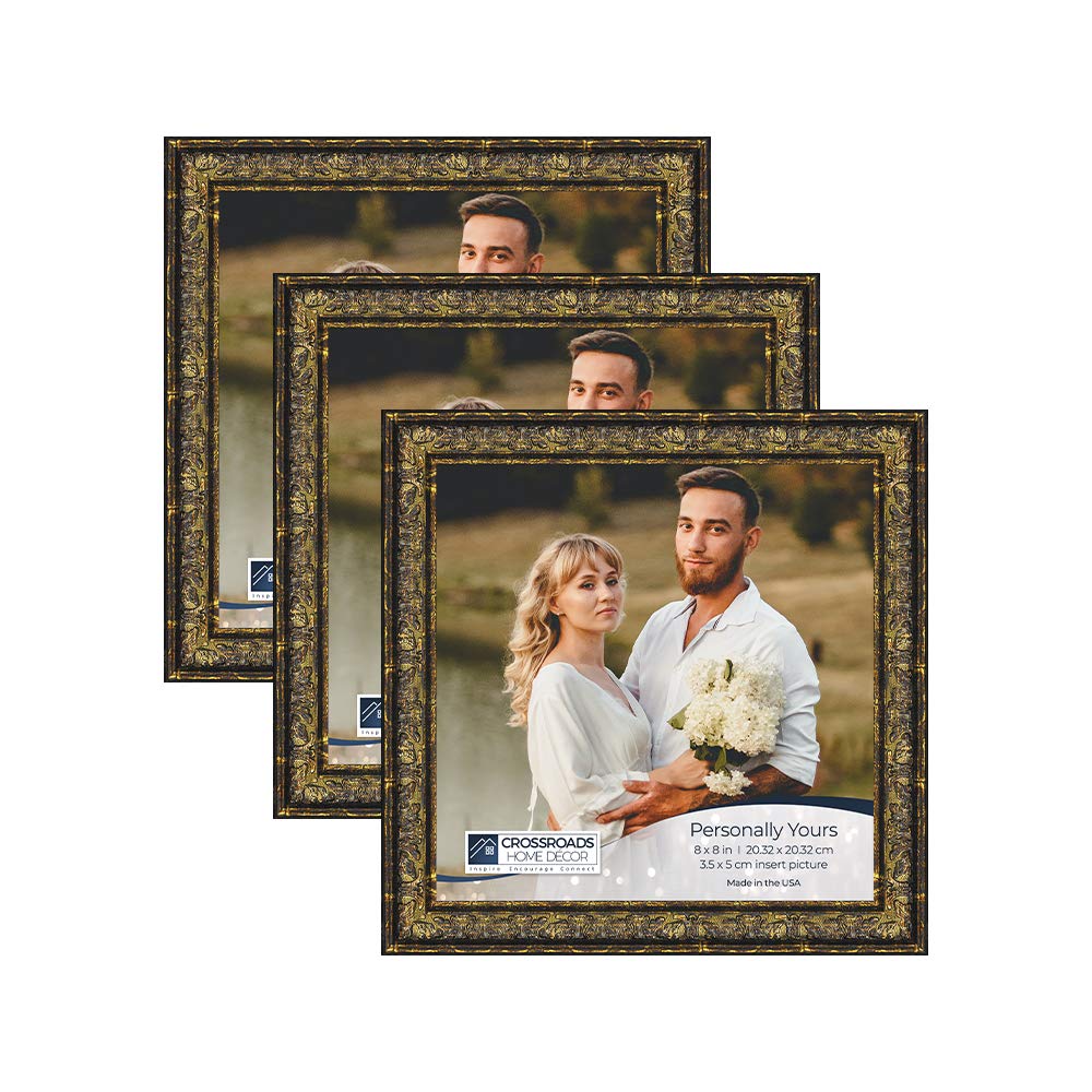 Crossroads Home Décor 8x8 Picture Frame Set - Multi Pack of 3 Glass Photo Frames for Instagram Wall Gallery | Perfect for Home, Office & Gift Giving | Create Stunning Photo Collages with Burnt Gold Frames