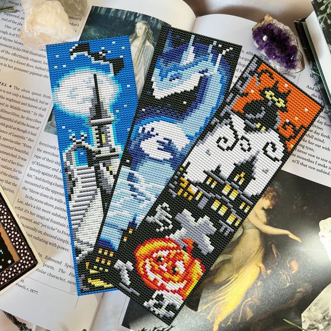 ZuoAnLF 6 PCS DIY Cross Stitch Bookmark Kits for Adults & Kids - 14CT Halloween Embroidery Starter Kit with Stamped Patterns | Perfect for Book Lovers, Holiday Gifts & Craft Projects