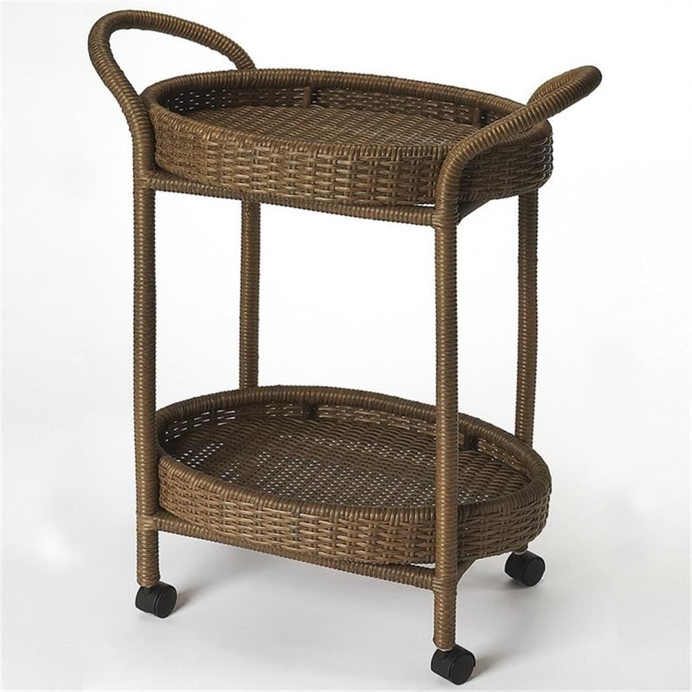 Beaumont Lane Brown Rattan Serving Cart - Portable Bar Cart with Wheels for Living Room, Kitchen, or Outdoor Entertaining