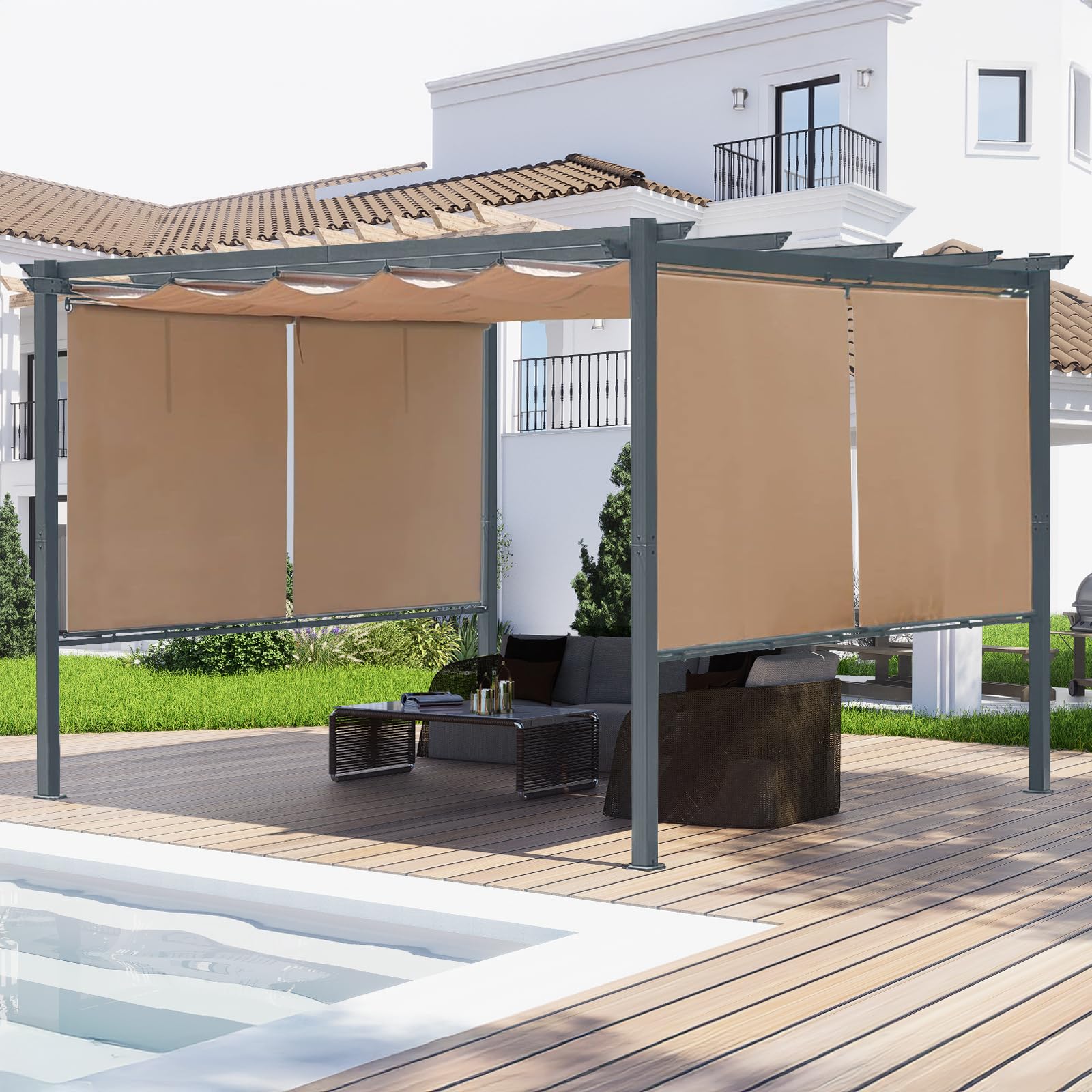 Aoodor 10x12ft Outdoor Pergola with Retractable Canopy - Matte Aluminum Frame & 4 Roller Shades - Grape Trellis Design for Patio, Backyard, Garden, Deck - Perfect for Outdoor Entertaining & Relaxation in Dark Brown