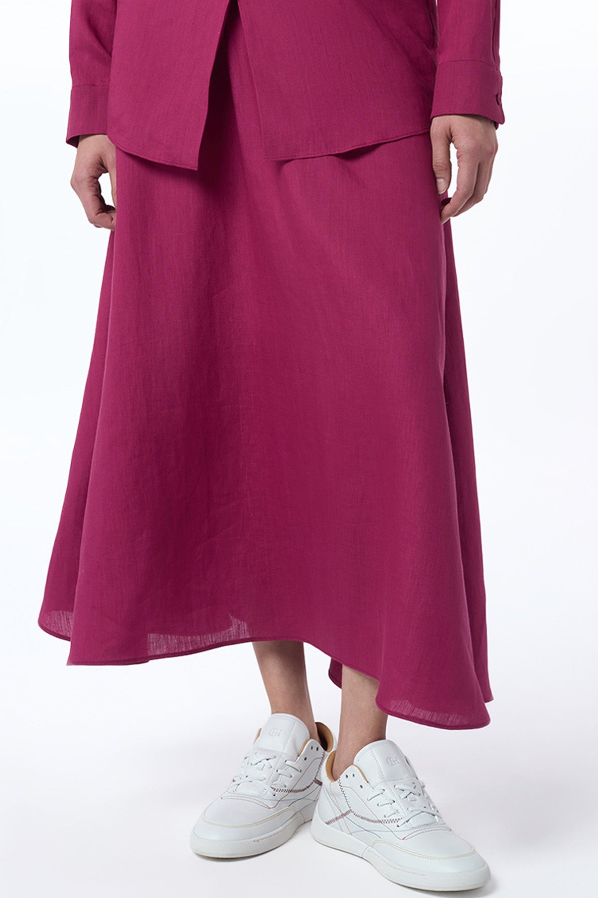 Penelope Midi Skirt in Raspberry Aloe Linen - Women's Flowy A-Line Skirt for Summer, Beach & Casual Outings | Perfect for Brunch, Vacations & Everyday Wear