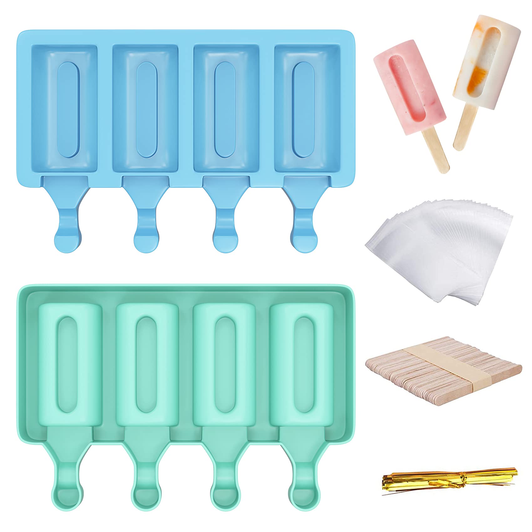 Ozera 2 Pack Reusable Silicone Popsicle Molds - 4-Cavity Cake Pop & Cakesicle Molds with 50 Wooden Sticks, 50 Popsicle Bags & 50 Sealing Clips - Perfect for Homemade Ice Pops, Summer Treats & Party Desserts