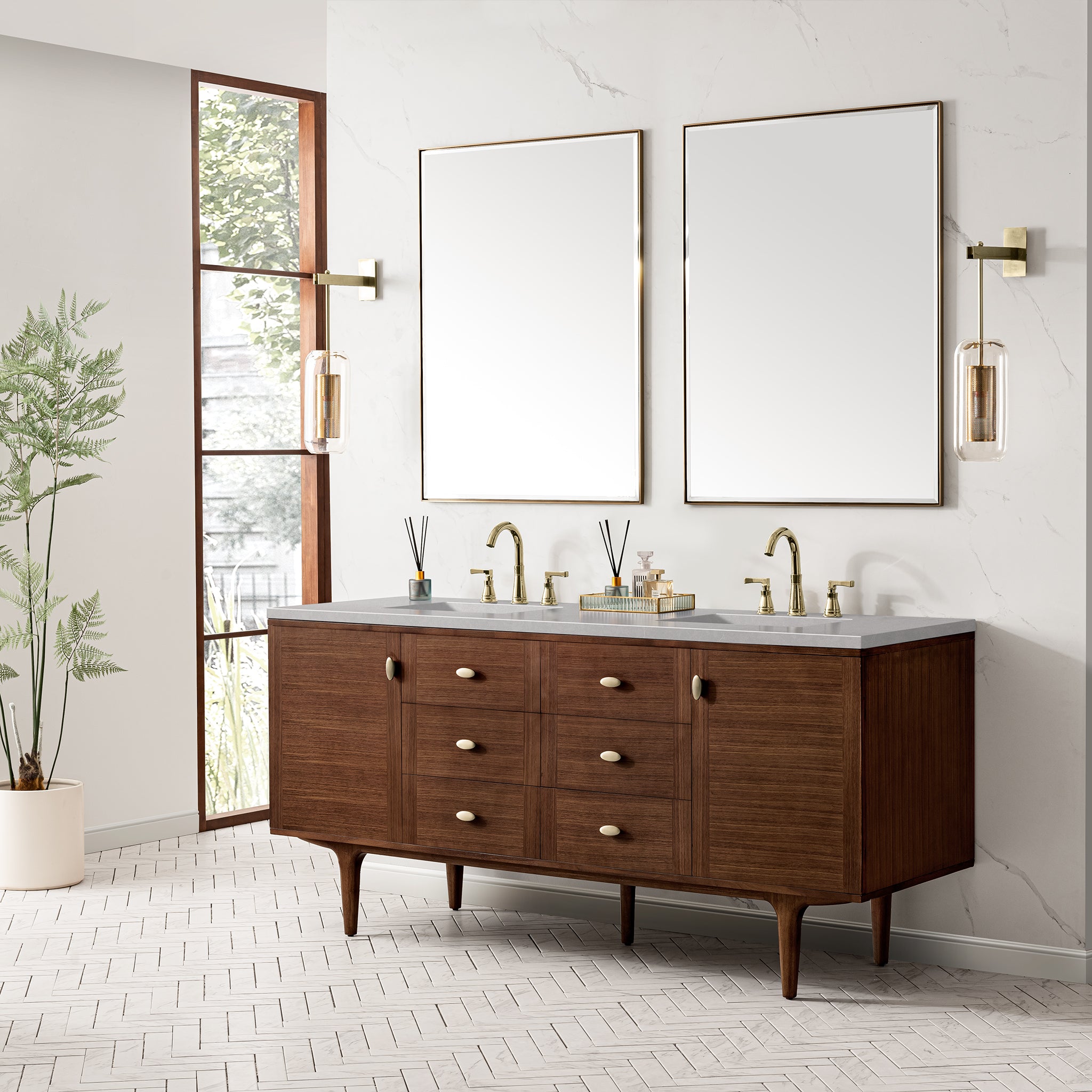 Amberly 72 Inch Double Sink Bathroom Vanity - Mid Century Modern Walnut Finish with 3CM Eternal Serena Quartz Top - Perfect for Master Bathroom or Guest Bath Remodel