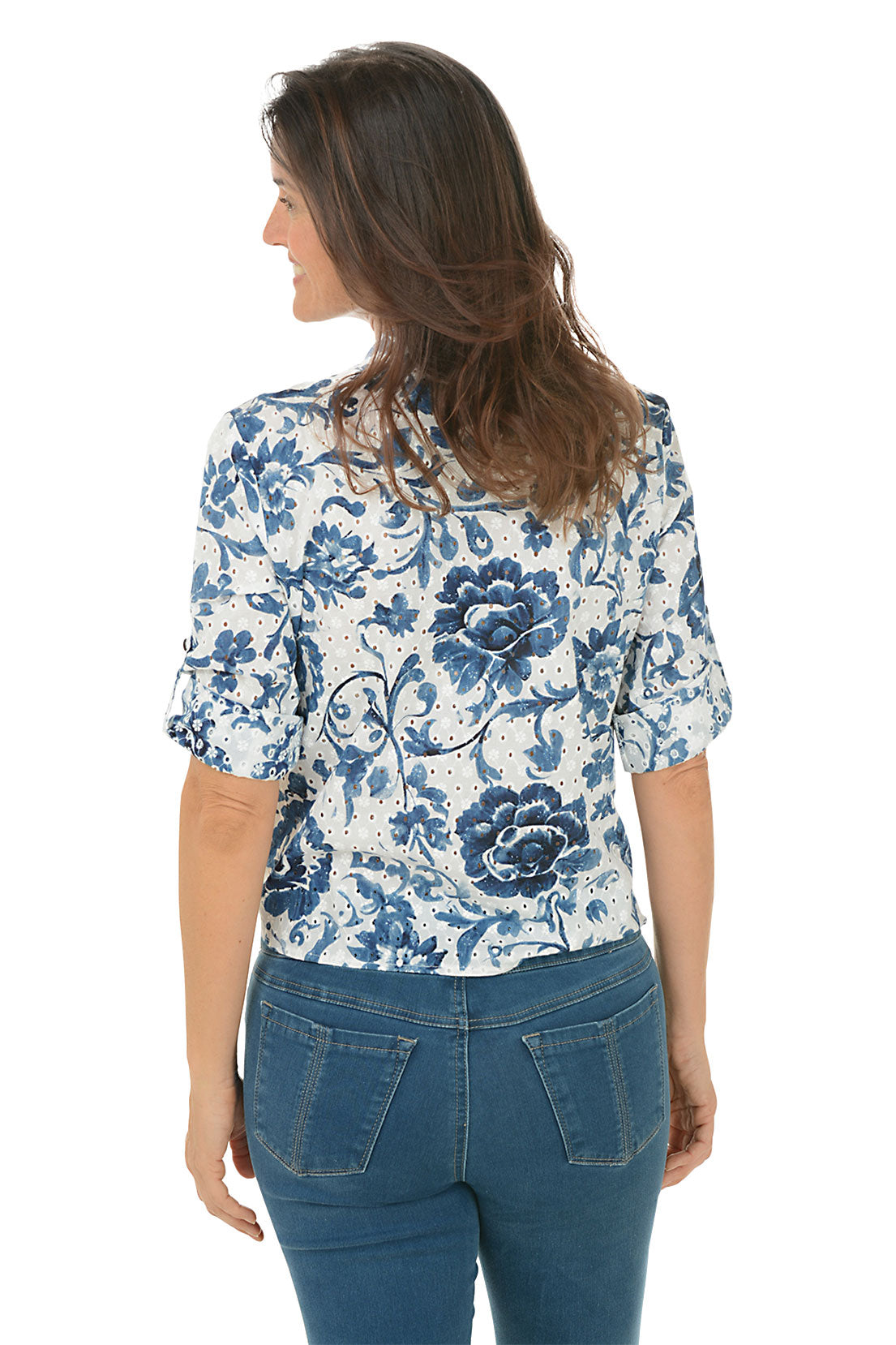 Delphinium Blue Eyelet Lace Blouse for Women - Elegant Floral Embroidery Summer Top - Perfect for Weddings, Parties & Office Wear