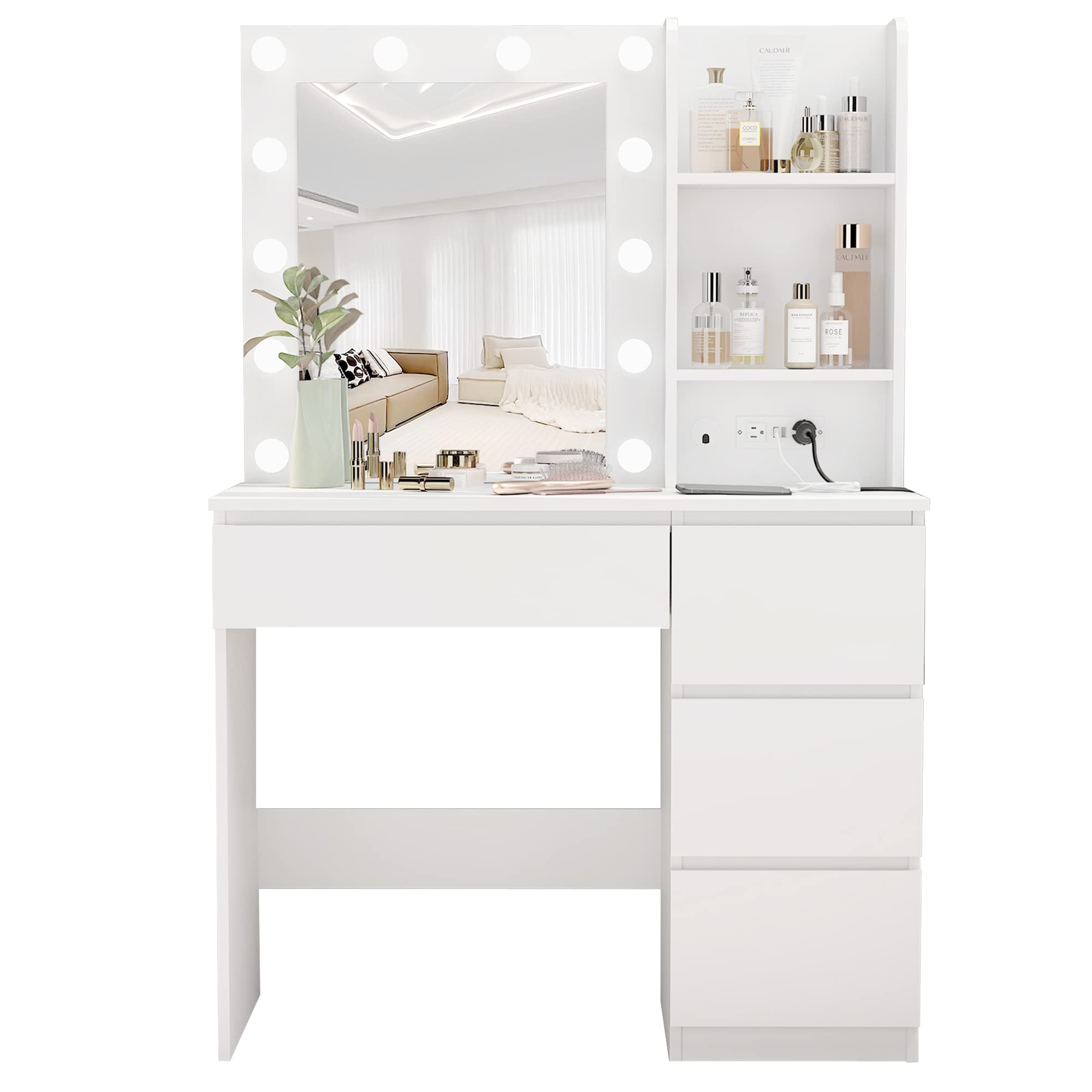 Vabches 37-inch Makeup Vanity with LED Lights & Power Strip - White Vanity Desk with 4 Drawers, Lighted Mirror & 3 Color Modes - Perfect for Bedroom, Dressing Room & Beauty Salon