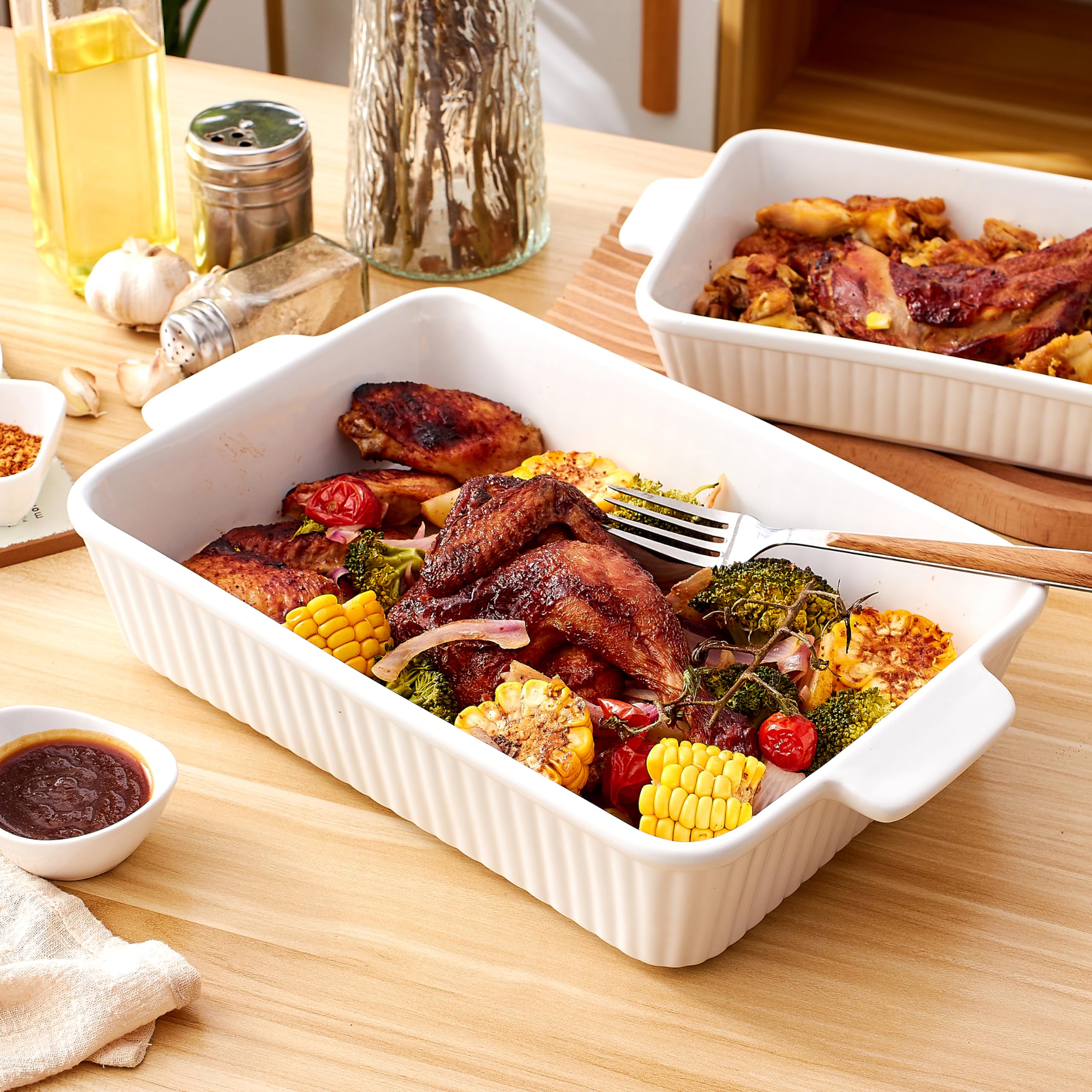 3-Piece Porcelain Casserole Dish Set - 13x9 Inch Rectangular Baking Pans with Handles, Oven-Safe Ceramic Bakeware for Lasagna, Cakes & More - Perfect for Family Dinners, Holiday Cooking & Meal Prep