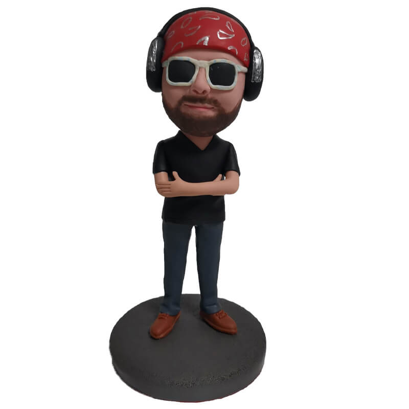 Custom Bobblehead with Headphones & Sunglasses - Personalized Men's Figurine for Office Desk, Gifts & Collectibles