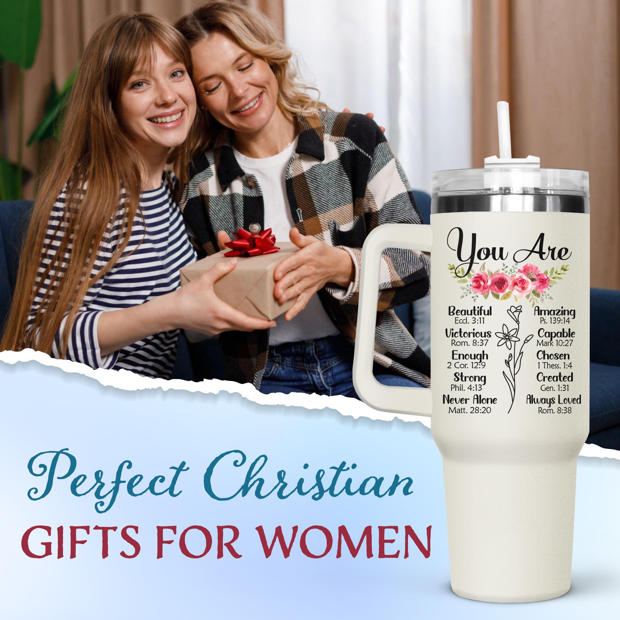 Christian Tumbler 40oz with Handle - Inspirational Gift for Women | Birthday, Friendship & Religious Gifts