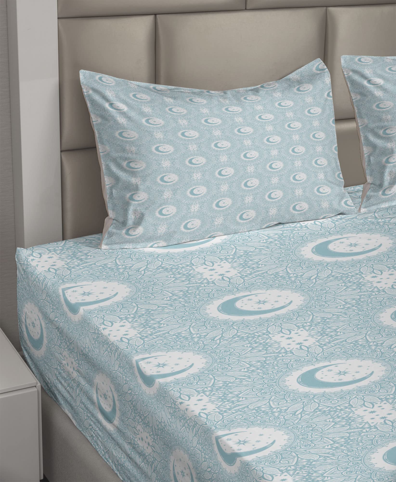 Ambesonne Bohemian Floral Crescent Moon Sheet Set - 4 Piece King Size Bedding with Fitted Sheet, Flat Sheet & Pillowcases - Blue Grey White Monochrome Oriental Design for Bedroom Decor & Guest Room Styling