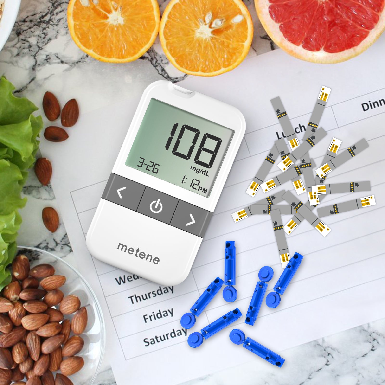 Metene AGM 513S Blood Glucose Monitor Kit - 100 Test Strips, 100 Lancets, Lancing Device, Control Solution & Travel Case - No Coding Required - Ideal for Diabetes Management at Home & On-The-Go