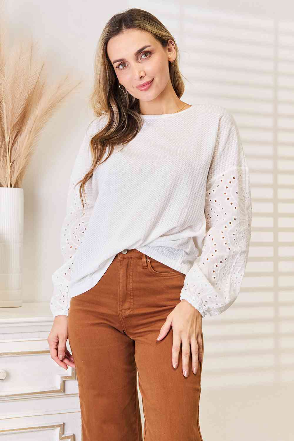 Elegant White Eyelet Dropped Shoulder Round Neck Blouse for Women - Perfect for Summer Outfits, Office Wear & Casual Dates