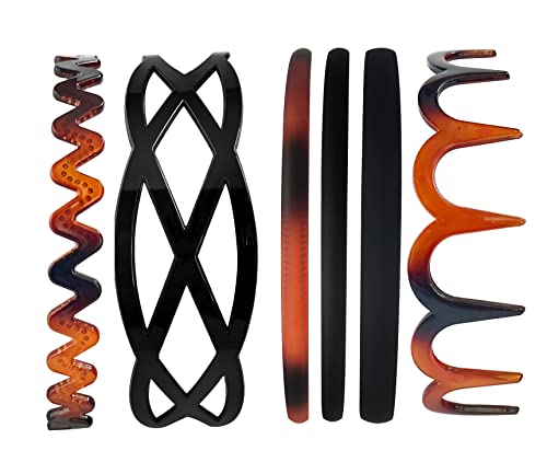 ANNACREATIONS Glossy Black & Brown Plastic Teeth Comb Headbands - DIY Hair Bands for Women & Girls (6-Piece Set) - Perfect for School, Parties & Everyday Styling