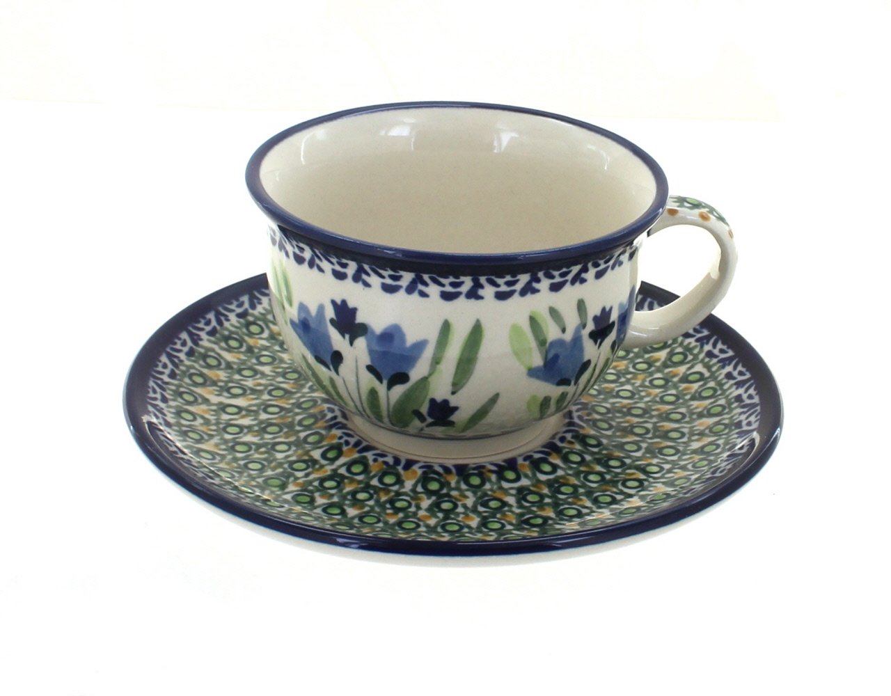 Hand-Painted Blue Rose Polish Pottery Blue Tulip Cup & Saucer Set - Elegant Tea & Coffee Set for Afternoon Tea, Gift Giving, and Home Decor