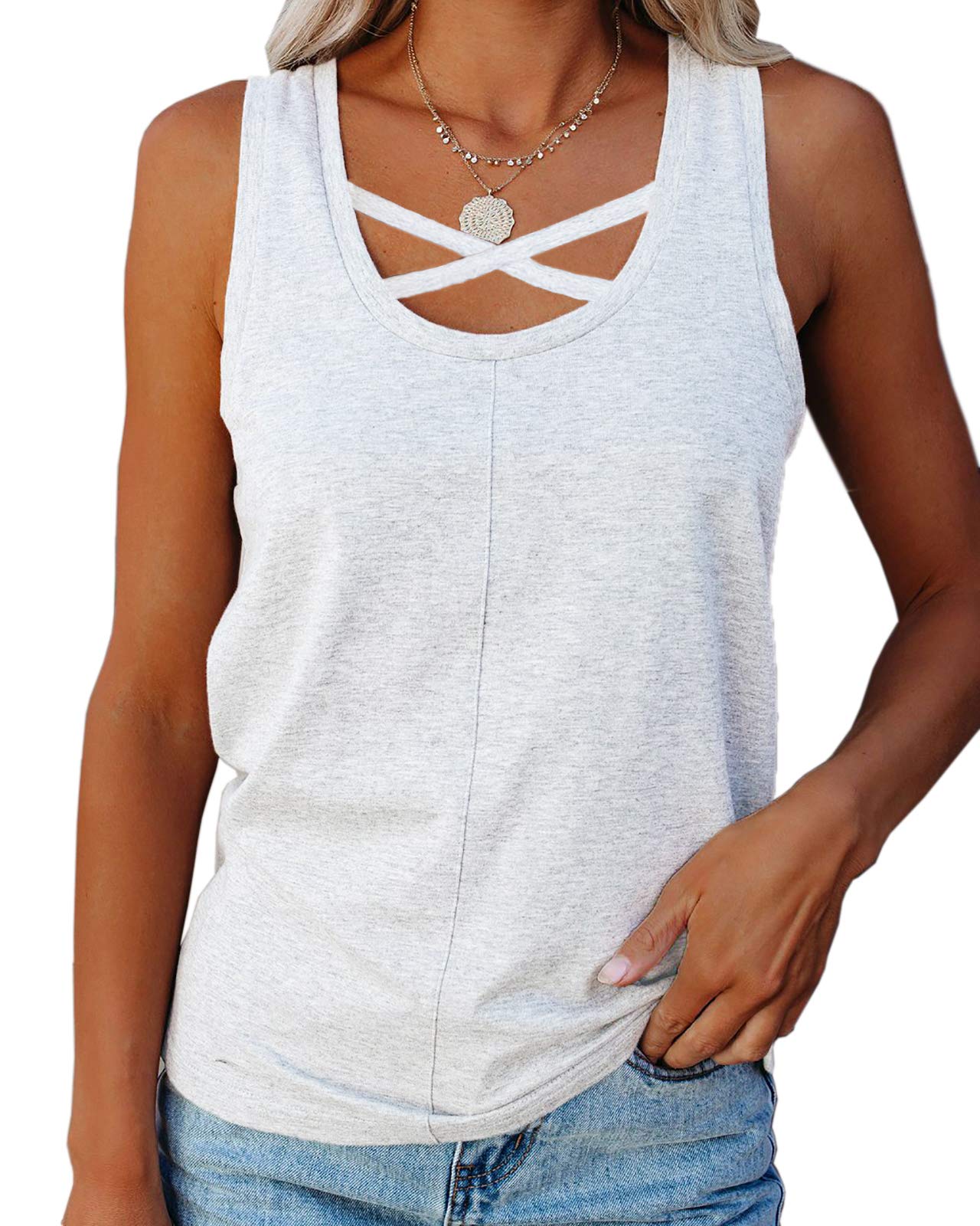 Ivay Women's Casual Sleeveless Scoop Neck Criss Cross Tunic Tank Top - Summer Workout Shirt for Yoga, Gym & Beach Wear