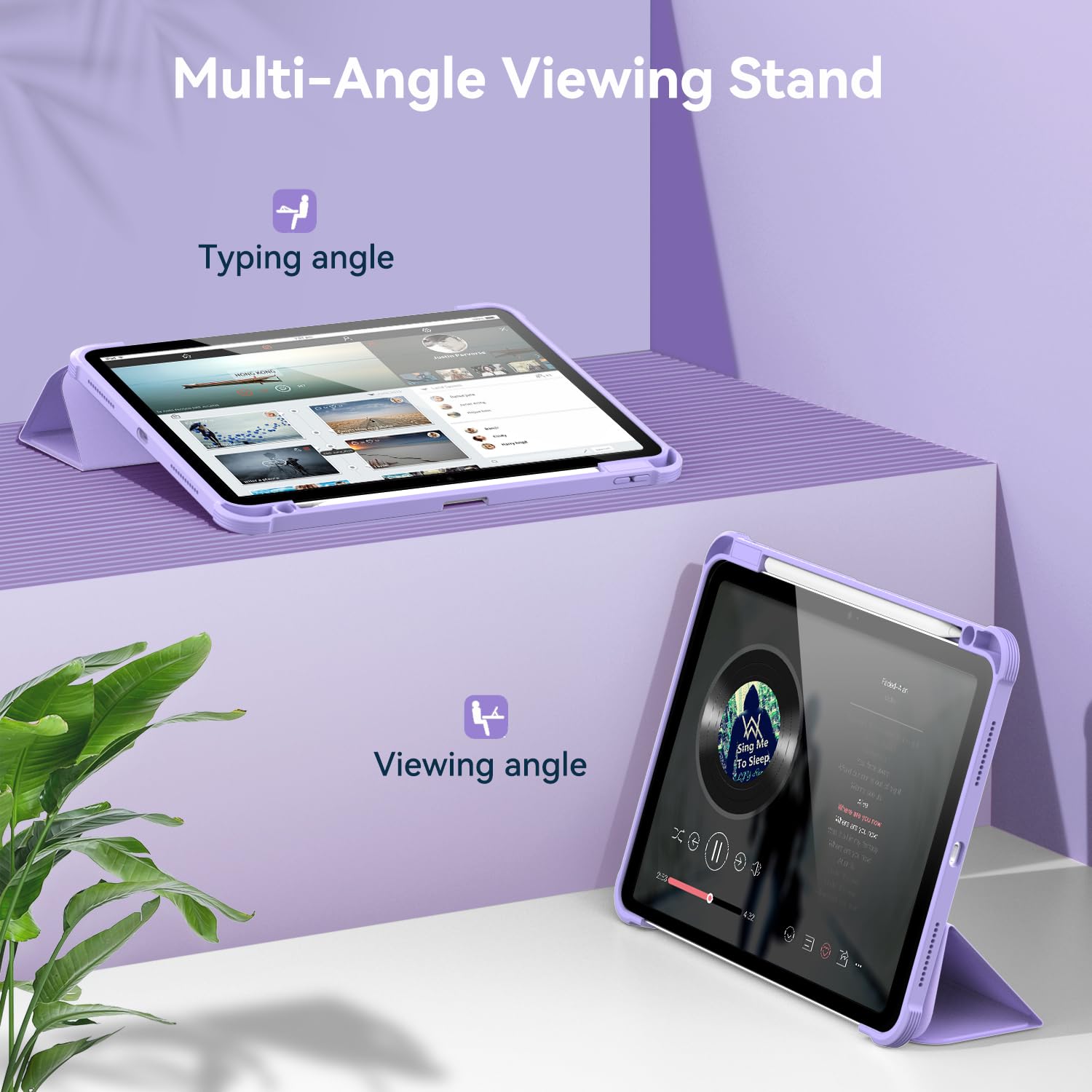 OKP iPad Air 5th/4th Generation Case (2022/2020 Model) - 10.9 Inch Slim Lightweight Trifold Folio Smart Cover with Pencil Holder & Auto Sleep/Wake - Clear Back Light Purple - Perfect for Work, School & Travel