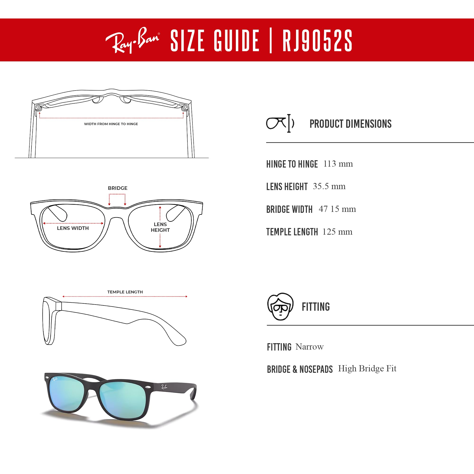 Ray-Ban Junior XS Kids' New Wayfarer RJ9052S Square Sunglasses for Small Boys & Girls – UV Protection, Lightweight & Durable – Perfect for Outdoor Play, Beach & School Activities + Includes DIW Kit