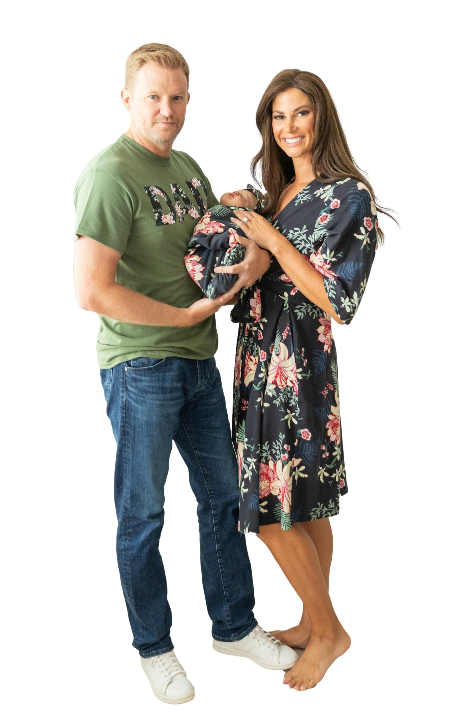 Baby Be Mine Maternity Nursing Robe, Newborn Swaddle Blanket & Daddy T-Shirt Set - Soft Delivery & Breastfeeding Gown for Mom, Cozy Baby Wrap for Girl, Matching Family Outfits - Perfect for Hospital Birth, Newborn Photos & Family Bonding Time