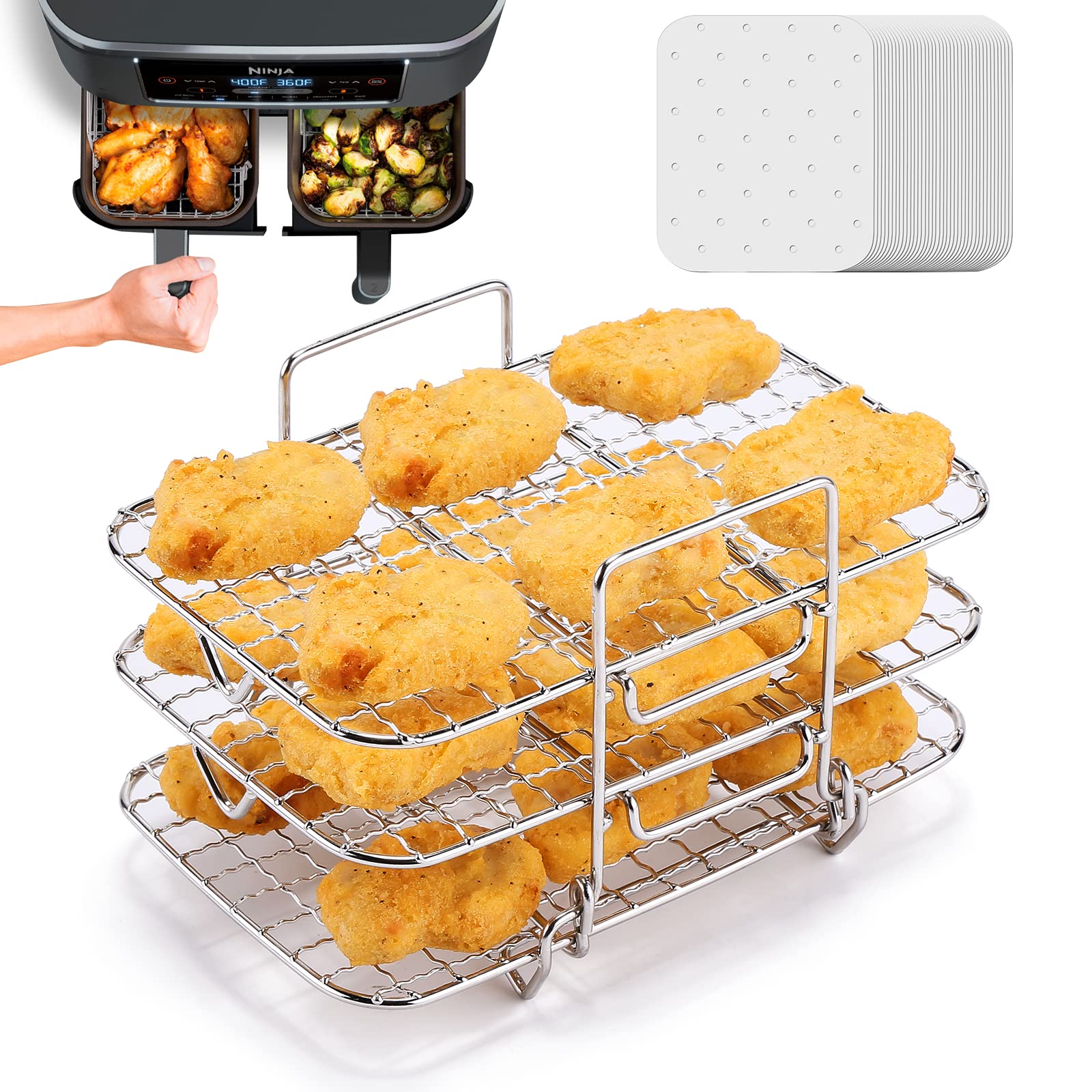 WADEO 304 Stainless Steel Multi-Layer Air Fryer Rack & Dehydrator for Ninja DZ201 & Dual Air Fryer - Includes 50 Non-Stick Air Fryer Liners - Perfect for Cooking, Baking & Healthy Meal Prep