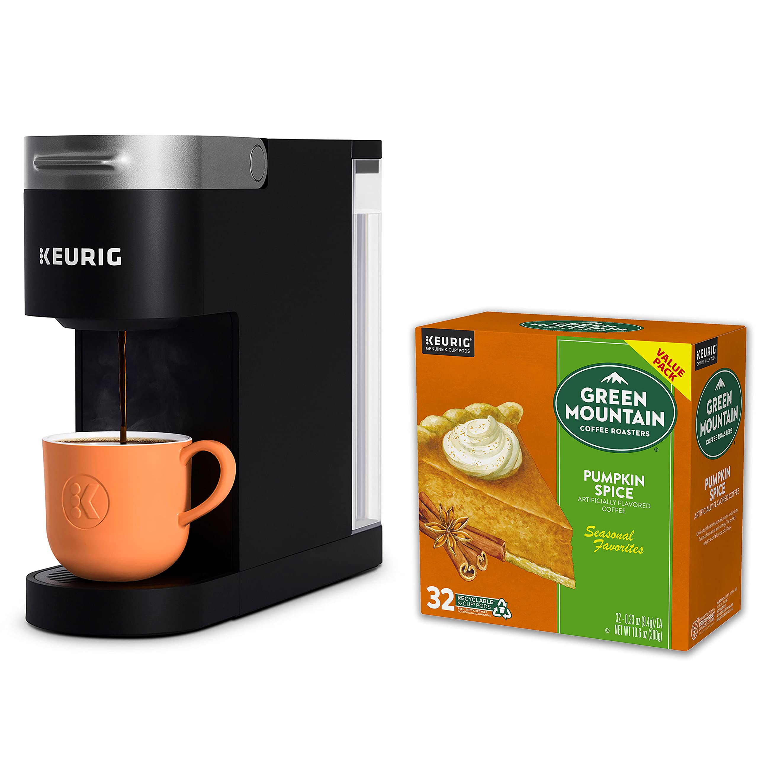 Keurig K-Slim Single Serve Coffee Maker with Green Mountain Pumpkin Spice K-Cup Pods (32 Count) - Compact Design for Home, Office & Dorm Use