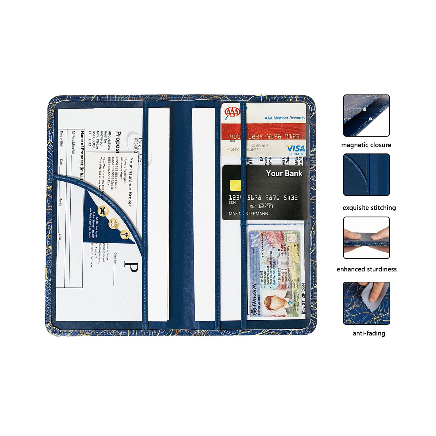 Car Registration and Insurance Card Holder - Magnetic Closure Document Organizer for Glove Box (Golden in Blue) - Perfect for Vehicle Paperwork Storage & Organization