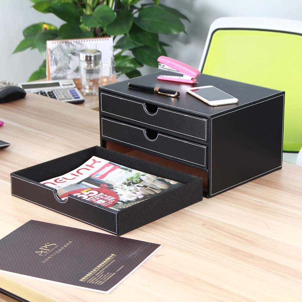 Premium PU Leather Desk Organizer - 3-Drawer A4 File Cabinet for Office & Home Storage (Black)