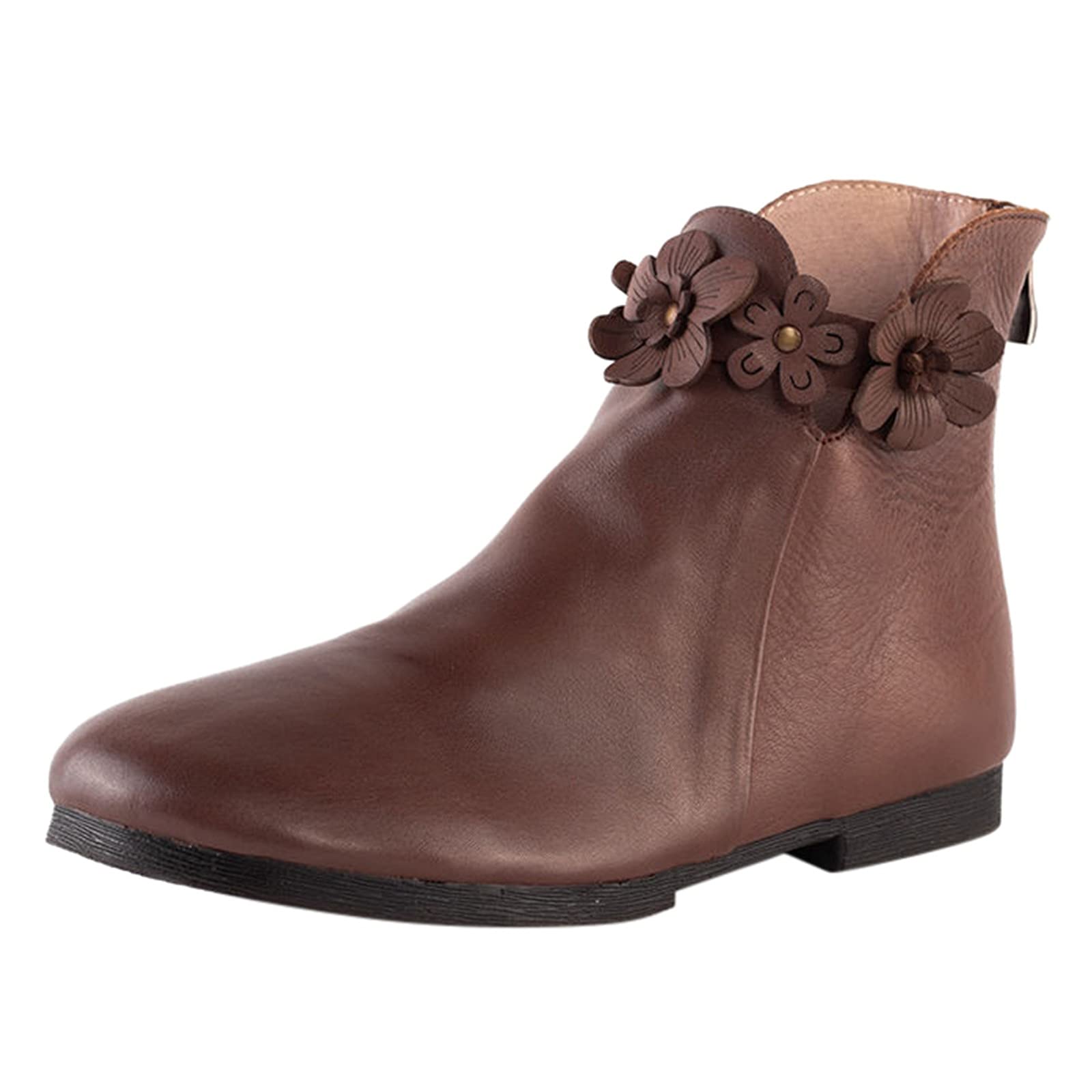 Women's Slip-On Booties with Round Toe & Floral Zipper Detail - Retro Trendy Comfortable Short Boots for Casual Wear, Office & Date Night Outfits