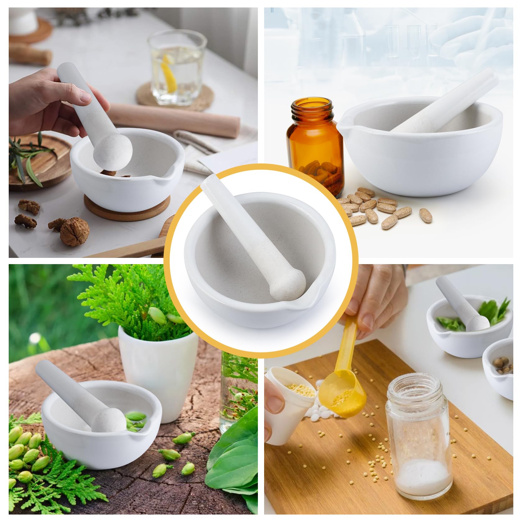 4E's USA 5.1 Inch Porcelain Mortar and Pestle Set - Unglazed Spice & Herb Grinder, Pill Crusher for Kitchen, Pharmacy & Laboratory Use | Durable, Autoclavable | Perfect for Grinding Spices, Herbs, Medicines & Lab Samples