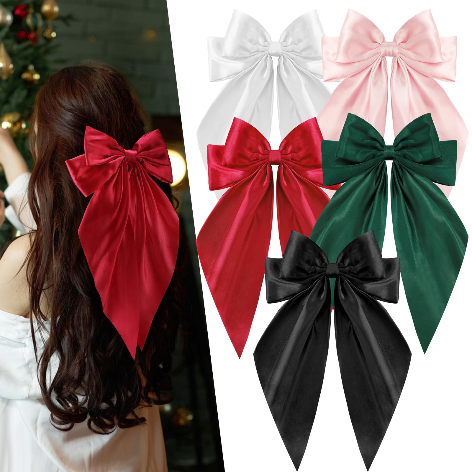 5 Pcs Satin Hair Bows - Christmas Hair Accessories for Women & Girls | Holiday Party & Gifts